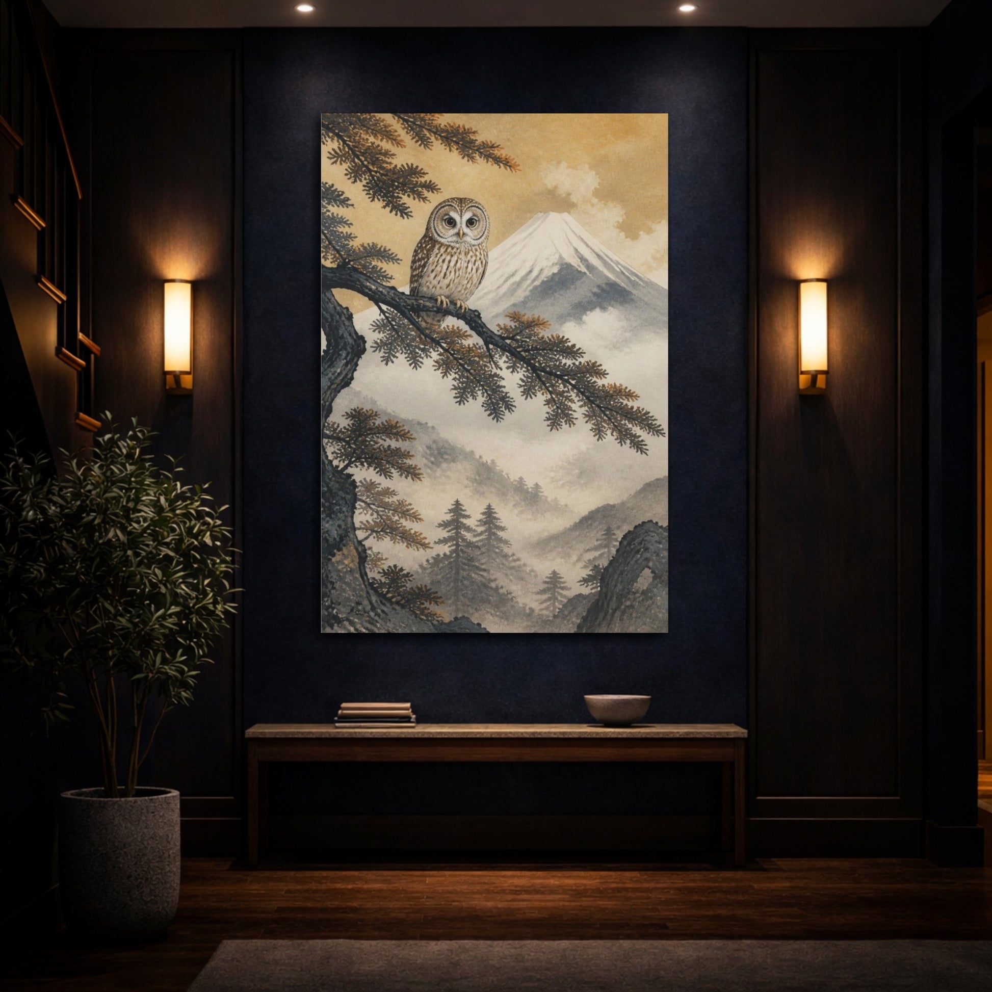Mockup 4. Japanese Owl On Cedar shown as canvas print