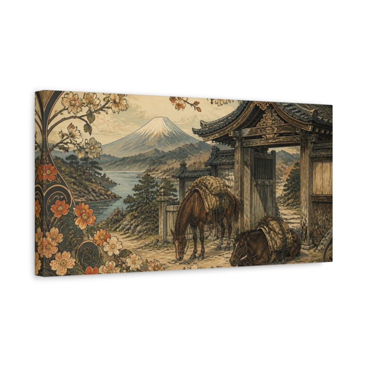 Side Mockup 3. Japanese Packhorses At Gate shown as canvas print