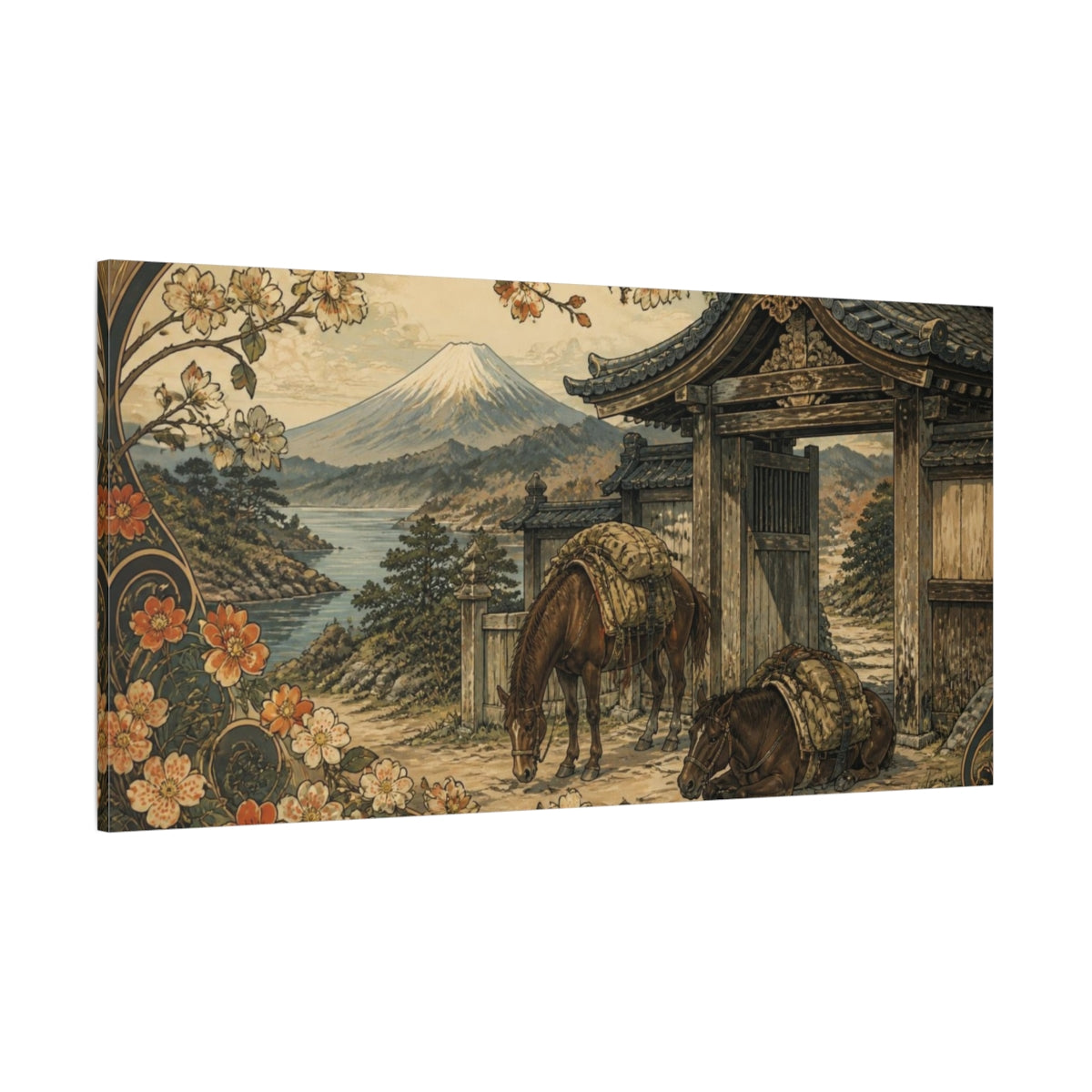 Side Mockup 2. Japanese Packhorses At Gate shown as canvas print