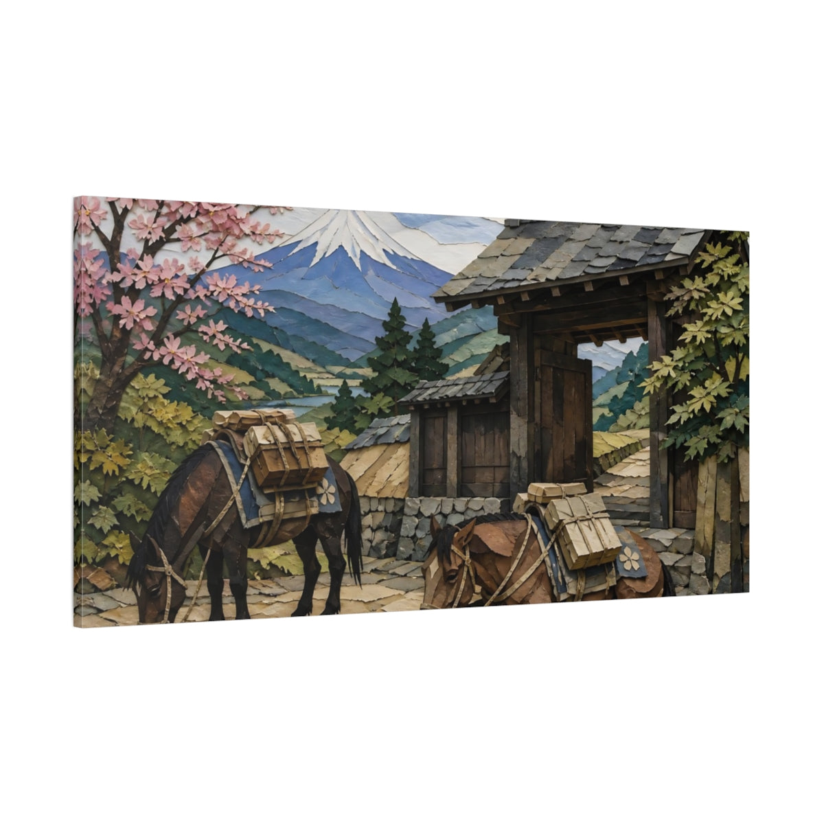 Side Mockup 2. Japanese Packhorses At Gate shown as canvas print