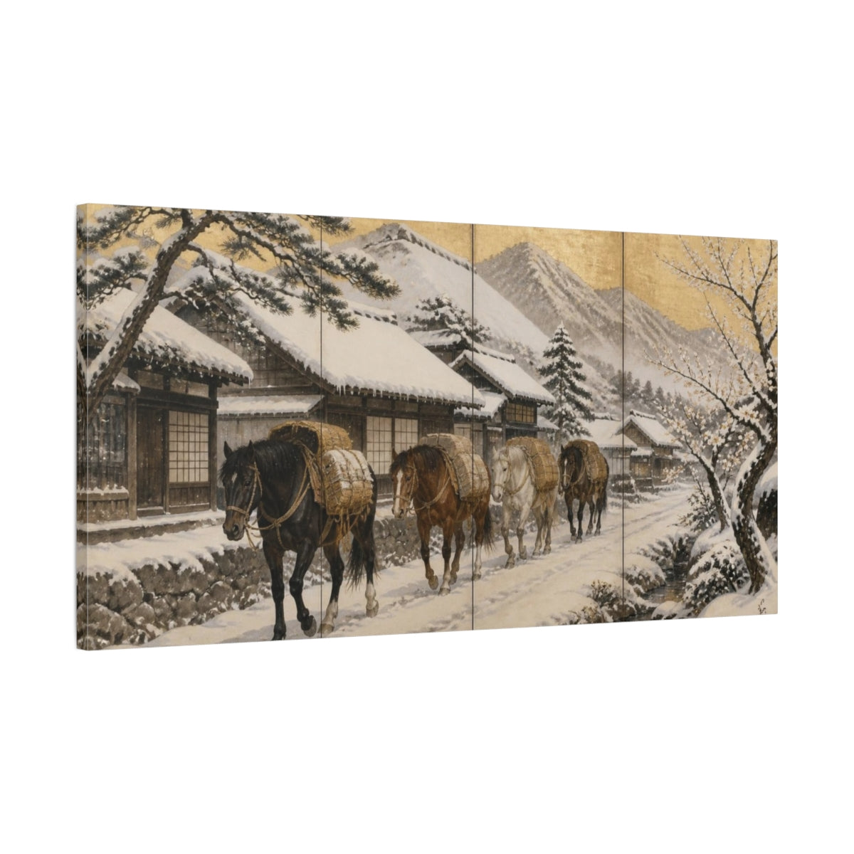 Main Mockup. Japanese Packhorses In Snow shown as canvas print
