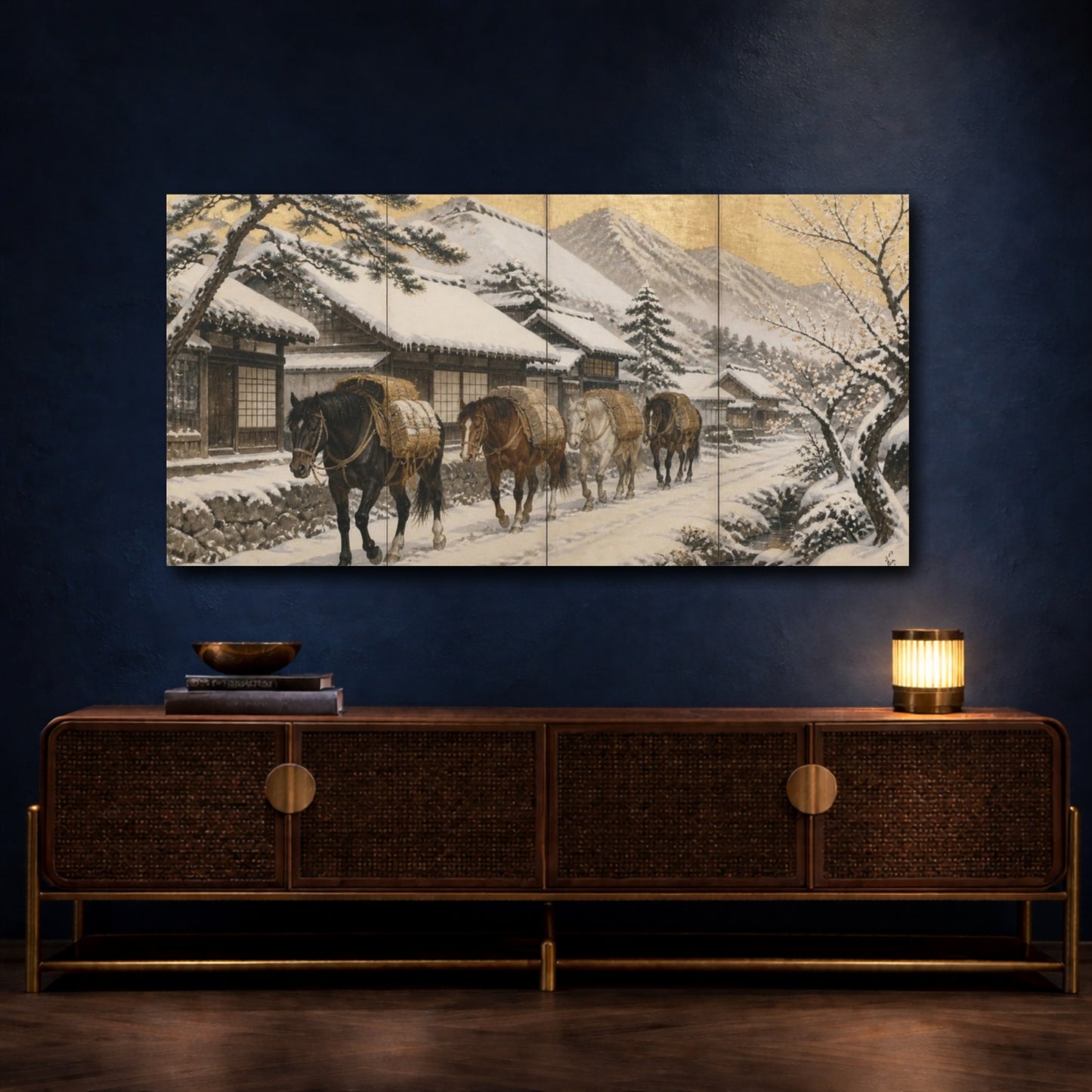 Mockup 4. Japanese Packhorses In Snow shown as canvas print