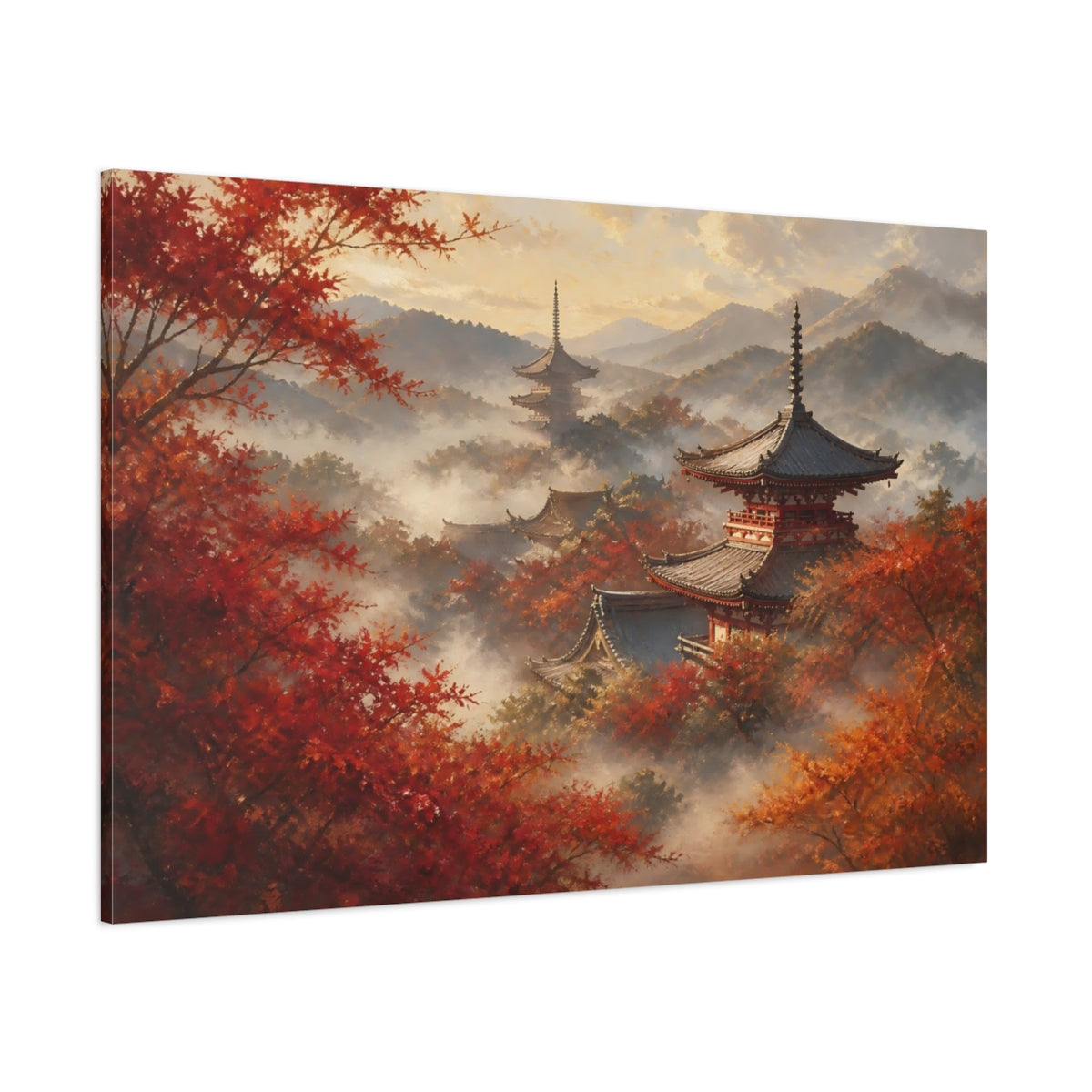 Side Mockup 1. Japanese Pagoda In Autumn shown as canvas print