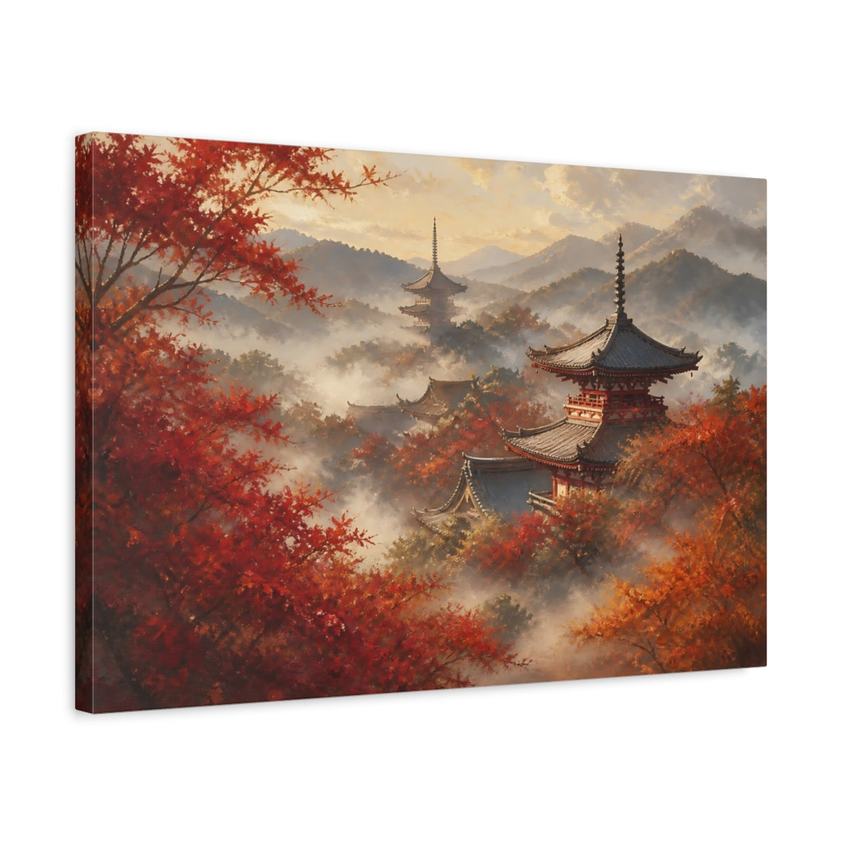 Side Mockup 3. Japanese Pagoda In Autumn shown as canvas print