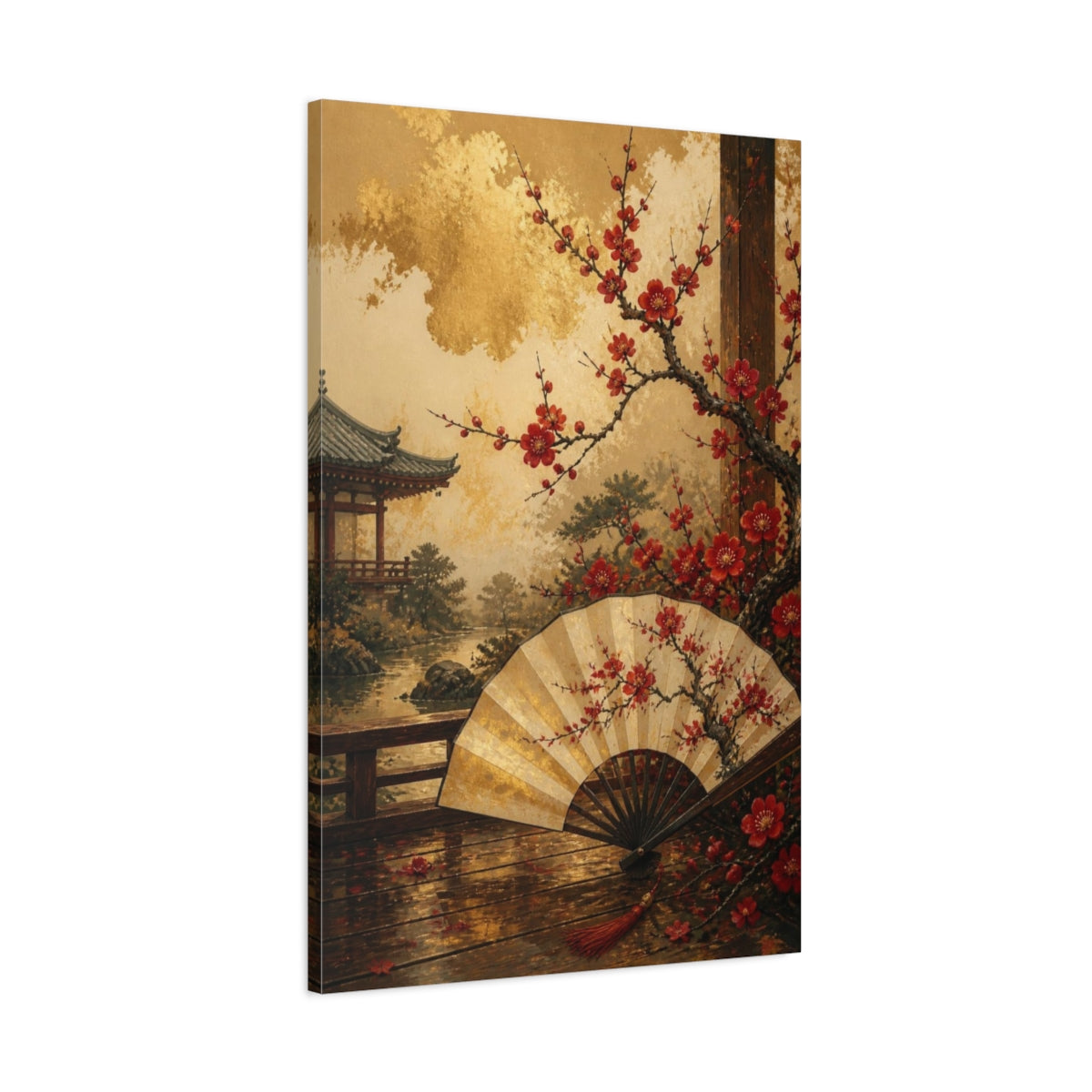 Main Mockup. Japanese Plum Blossom Fan shown as canvas print