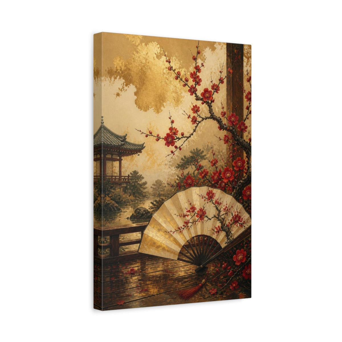 Side Mockup 4. Japanese Plum Blossom Fan shown as canvas print