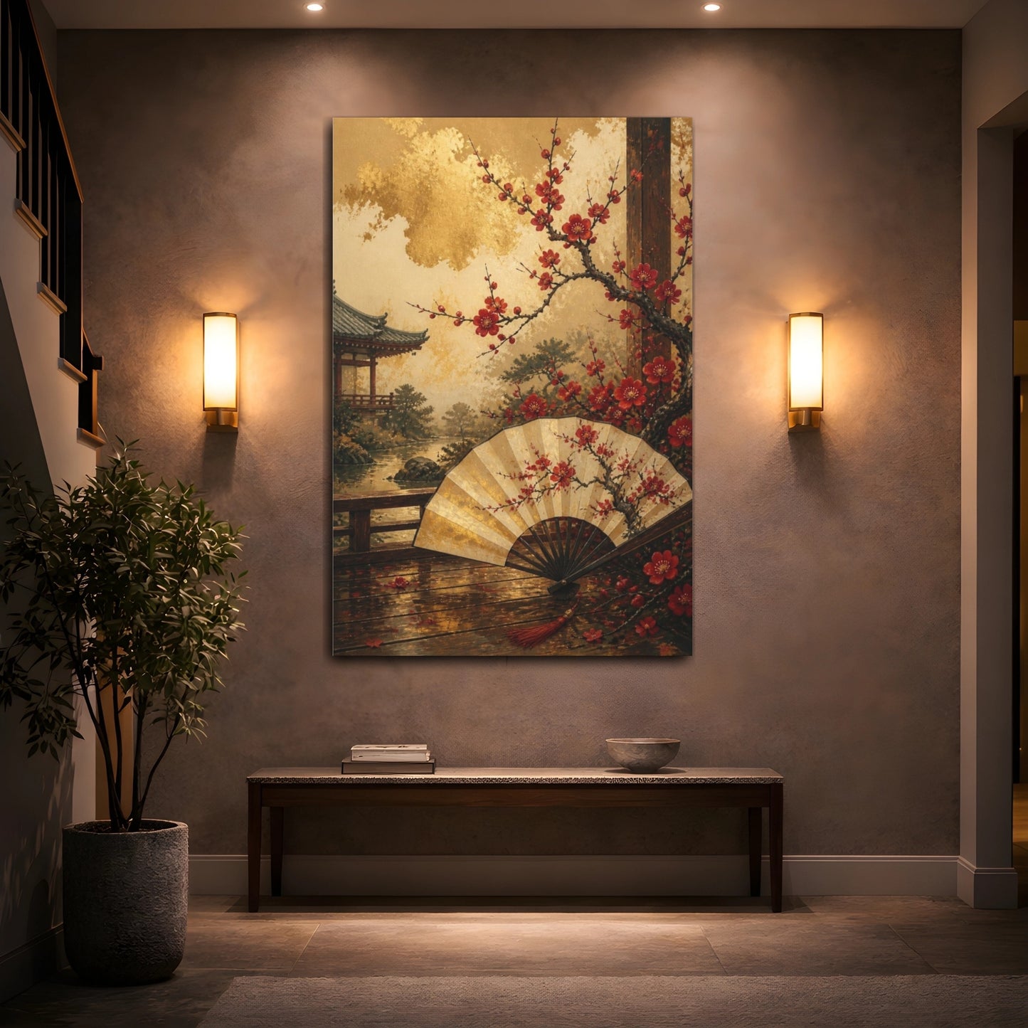 Mockup 2. Japanese Plum Blossom Fan shown as canvas print