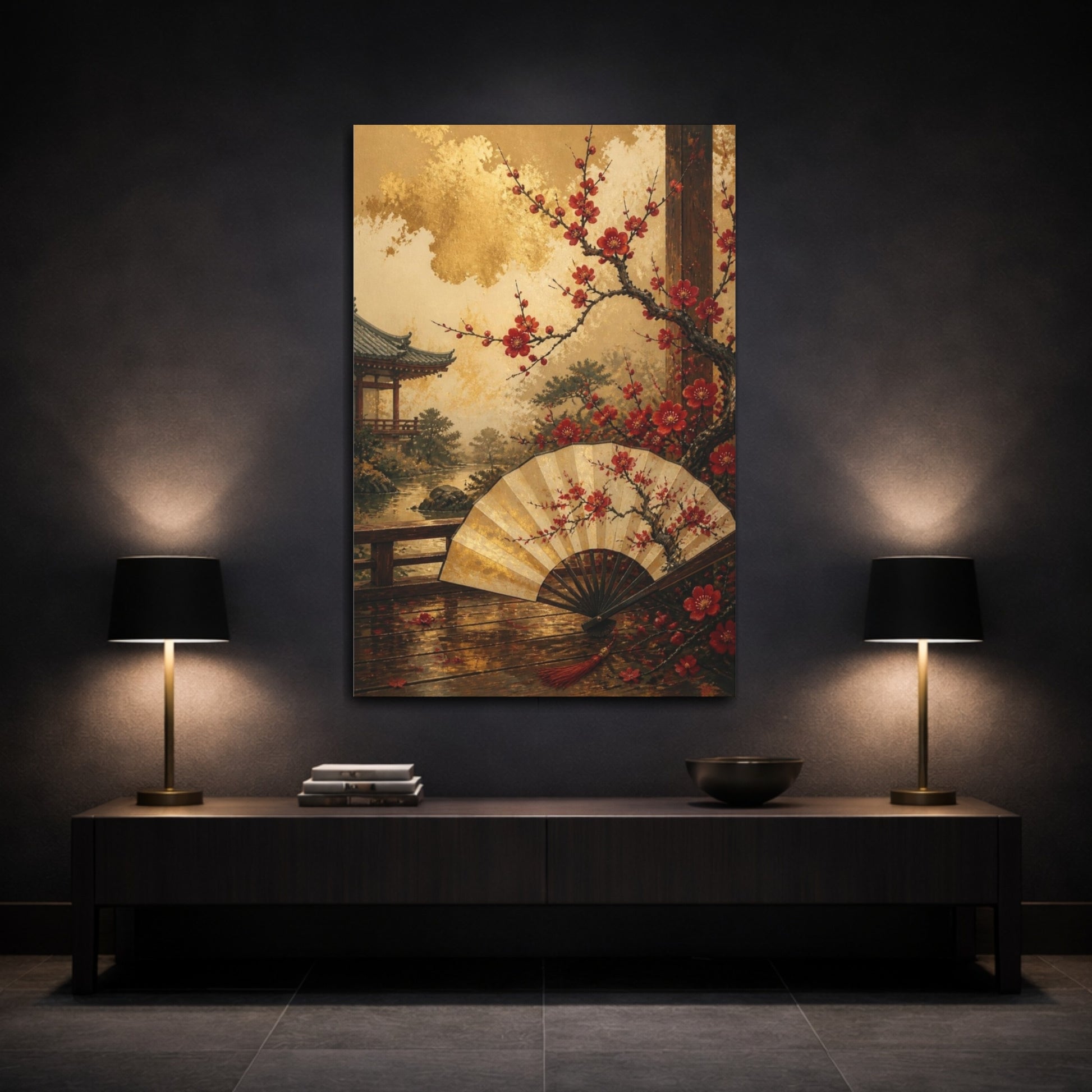 Mockup 3. Japanese Plum Blossom Fan shown as canvas print