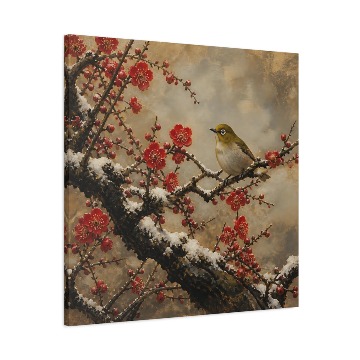 Main Mockup. Japanese Plum Blossom Warbler shown as canvas print