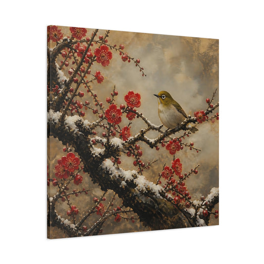 Main Mockup. Japanese Plum Blossom Warbler shown as canvas print