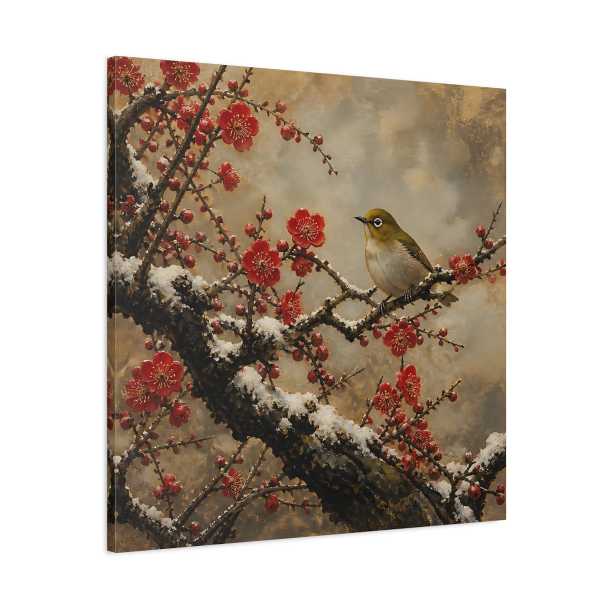 Side Mockup 3. Japanese Plum Blossom Warbler shown as canvas print