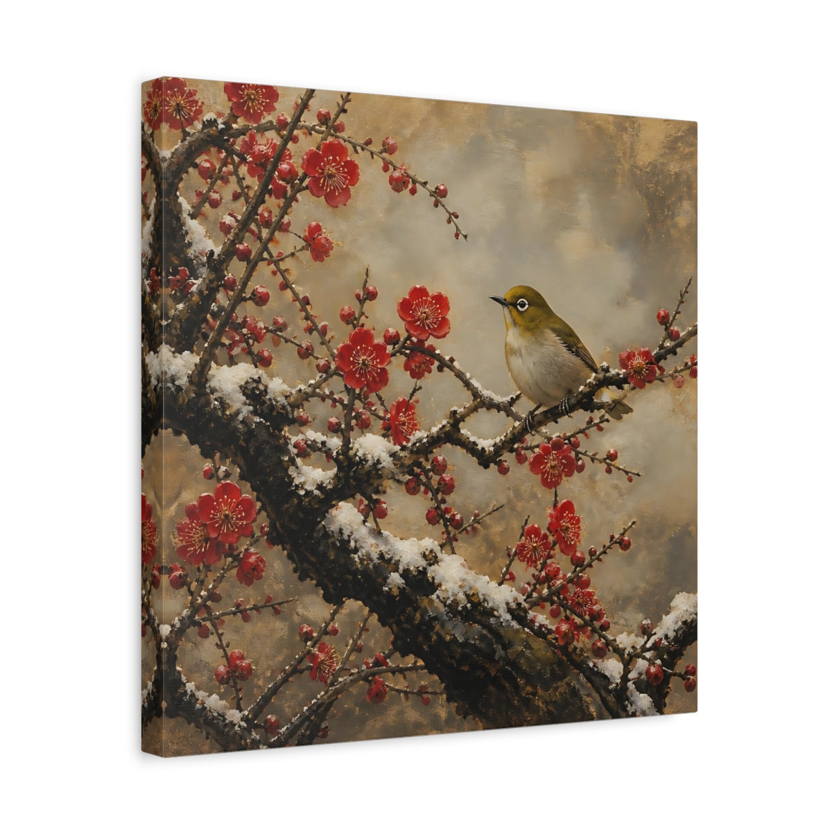 Side Mockup 6. Japanese Plum Blossom Warbler shown as canvas print