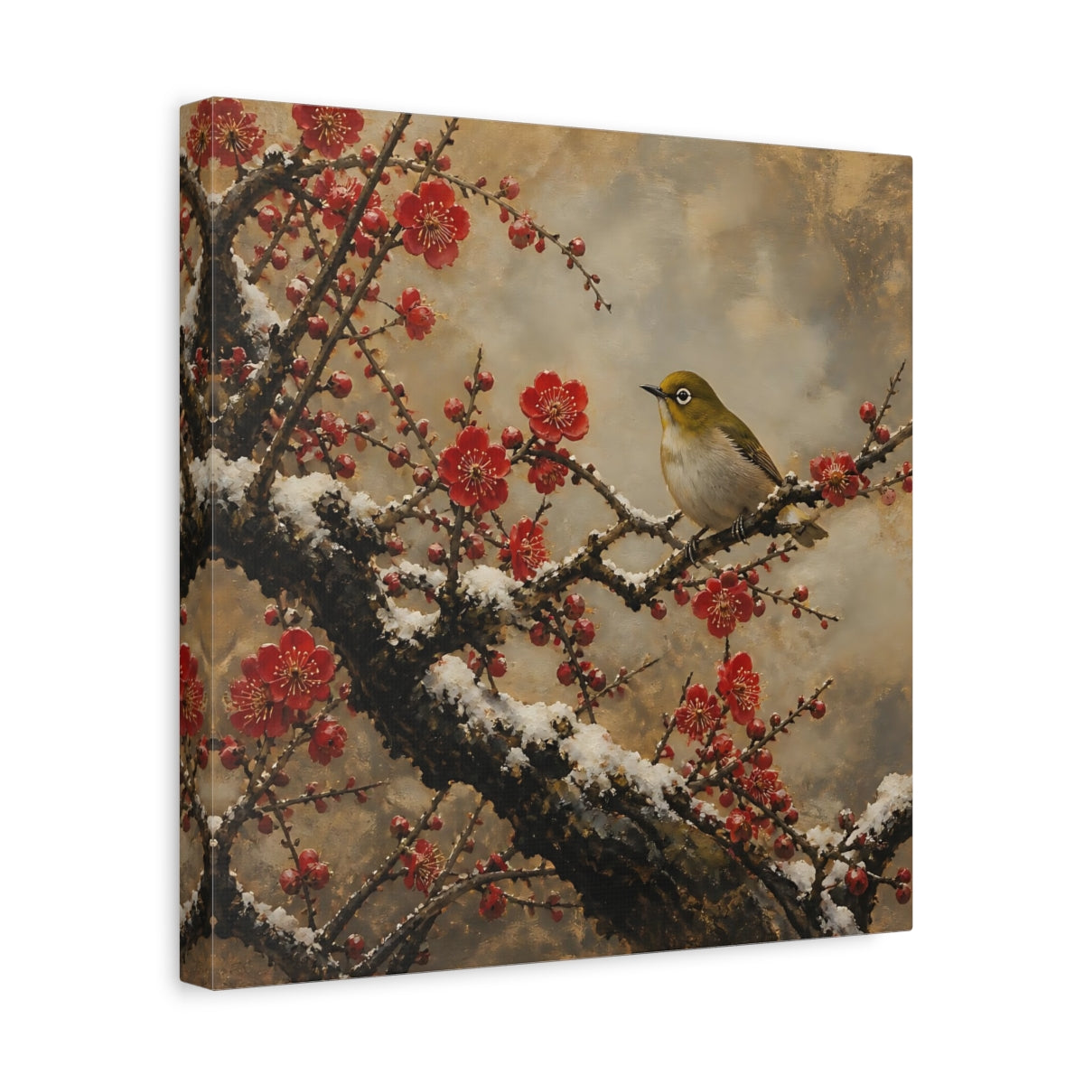 Side Mockup 7. Japanese Plum Blossom Warbler shown as canvas print