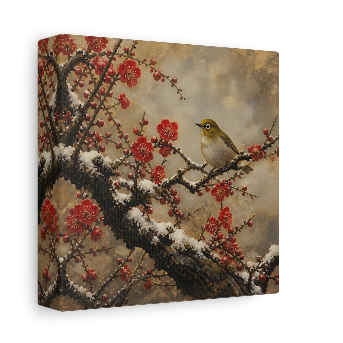 Side Mockup 2. Japanese Plum Blossom Warbler shown as canvas print