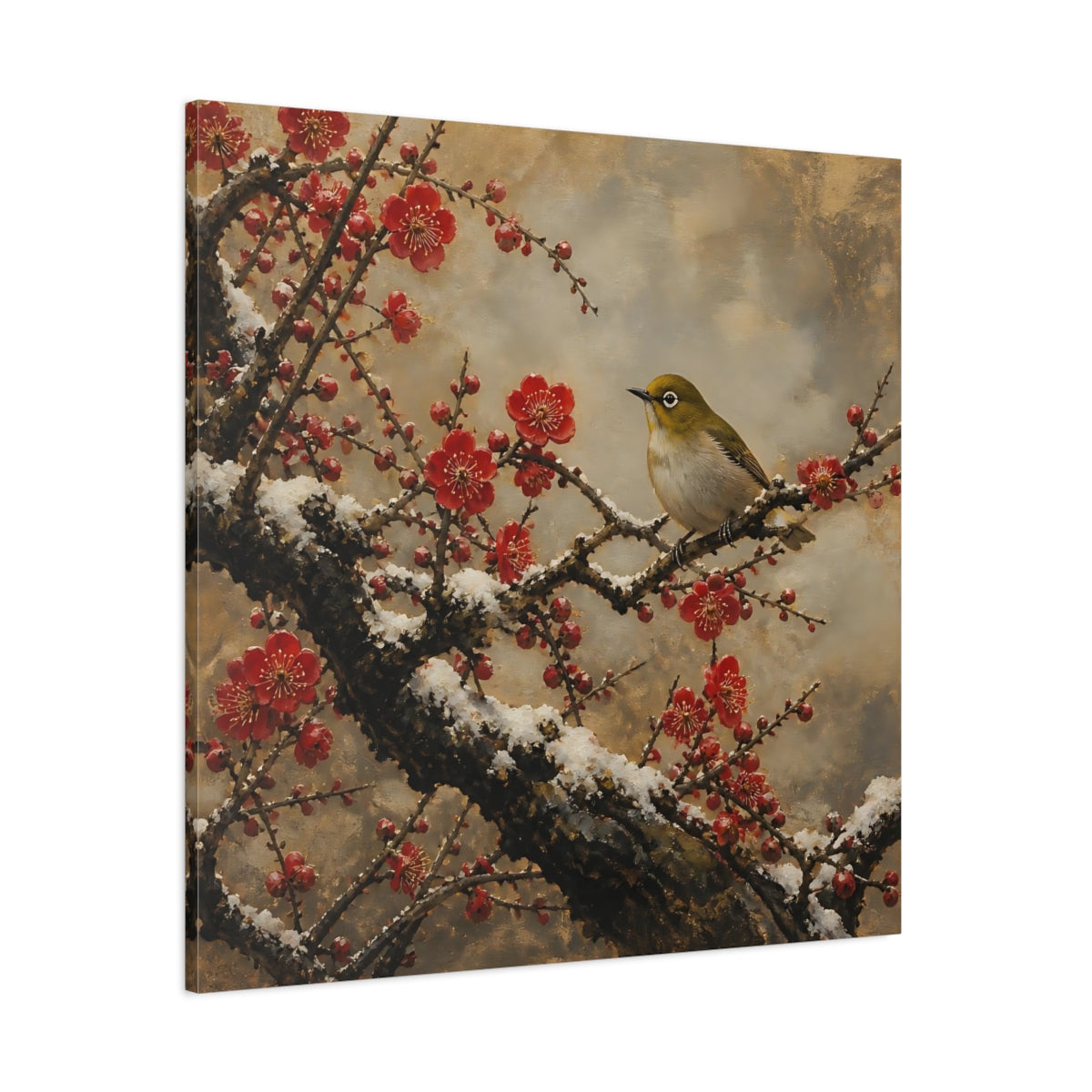 Side Mockup 1. Japanese Plum Blossom Warbler shown as canvas print