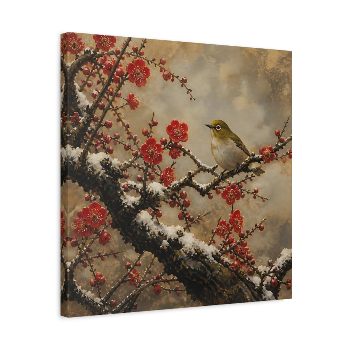 Side Mockup 5. Japanese Plum Blossom Warbler shown as canvas print