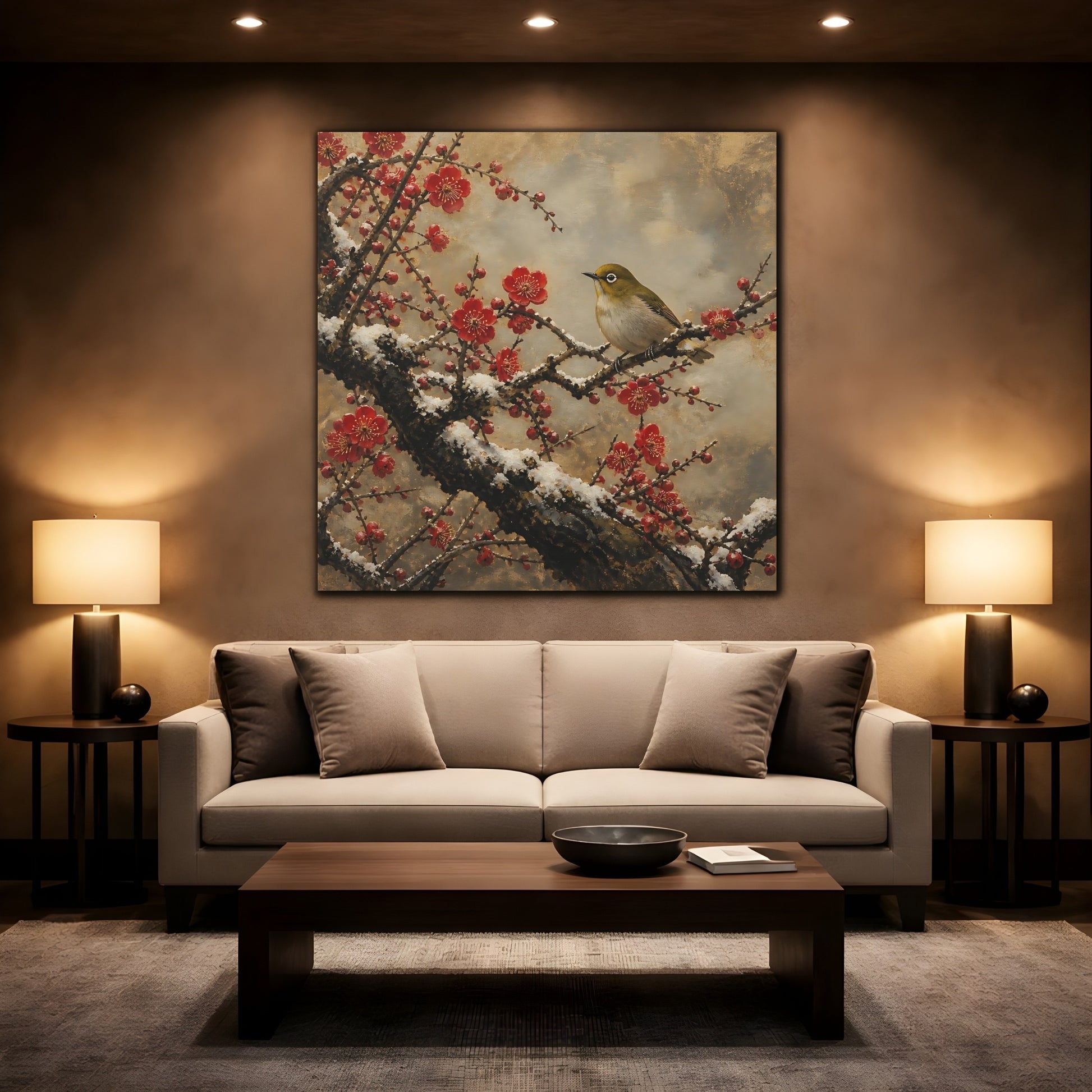 Mockup 2. Japanese Plum Blossom Warbler shown as canvas print
