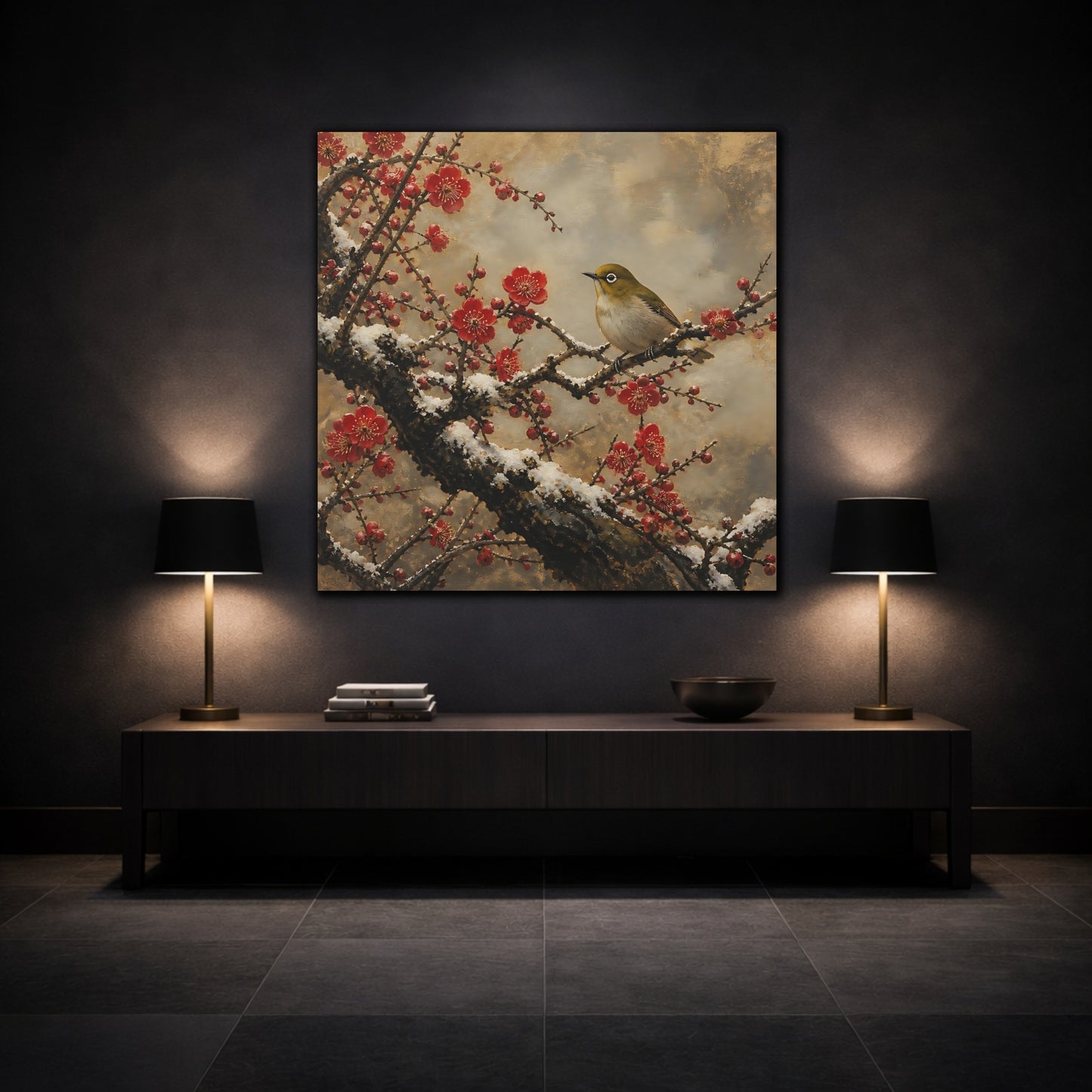 Mockup 3. Japanese Plum Blossom Warbler shown as canvas print