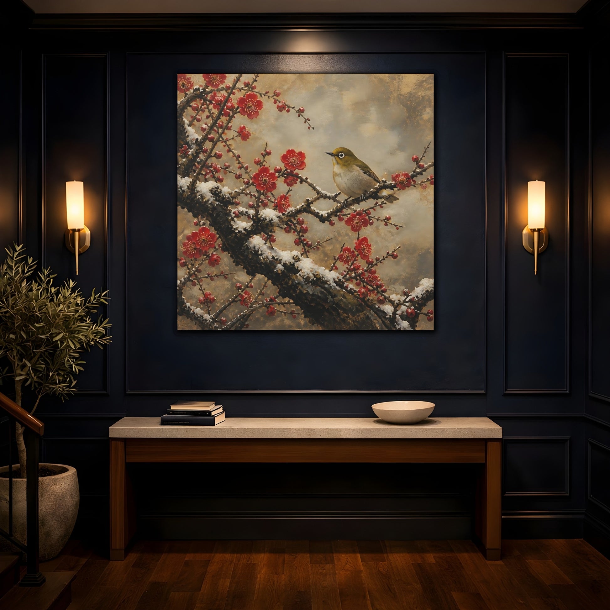 Mockup 4. Japanese Plum Blossom Warbler shown as canvas print