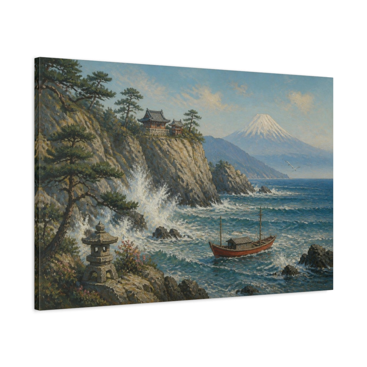 Main Mockup. Japanese Red Boat Seascape shown as canvas print