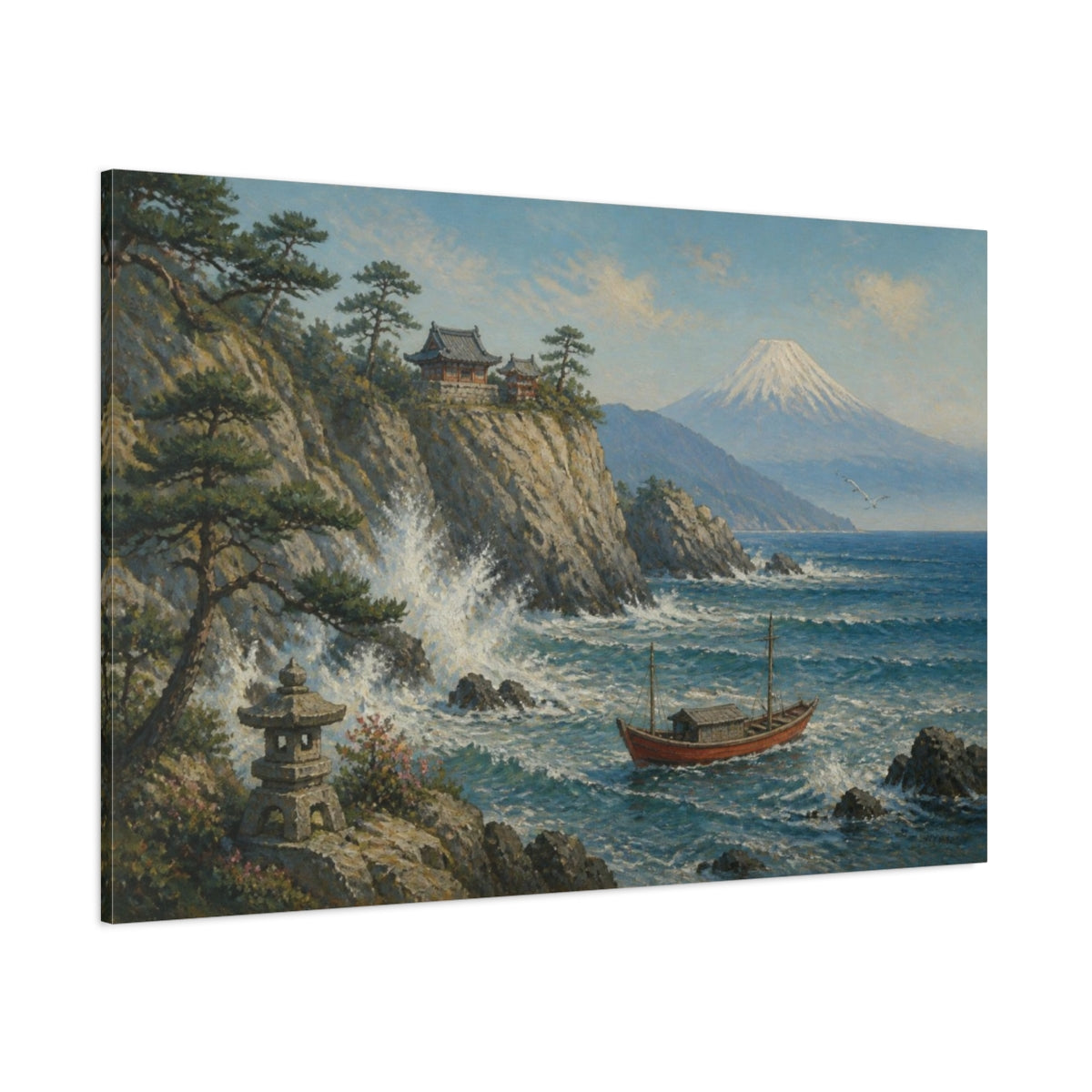 Side Mockup 1. Japanese Red Boat Seascape shown as canvas print