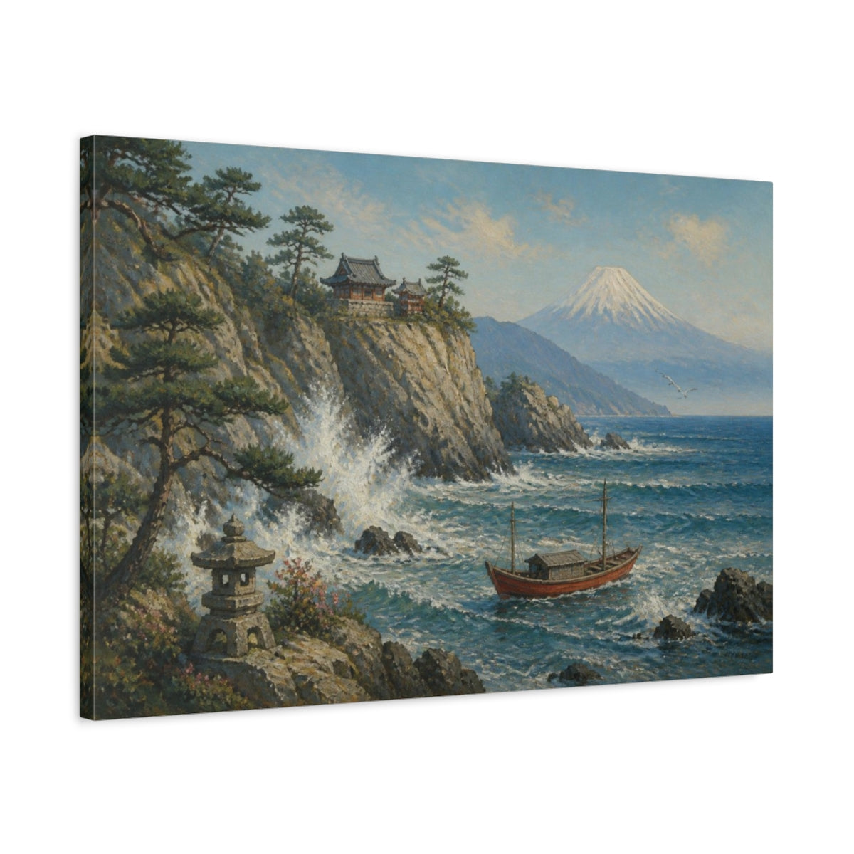 Side Mockup 2. Japanese Red Boat Seascape shown as canvas print