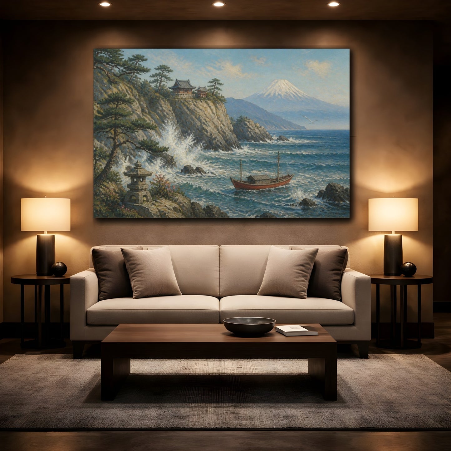 Mockup 2. Japanese Red Boat Seascape shown as canvas print