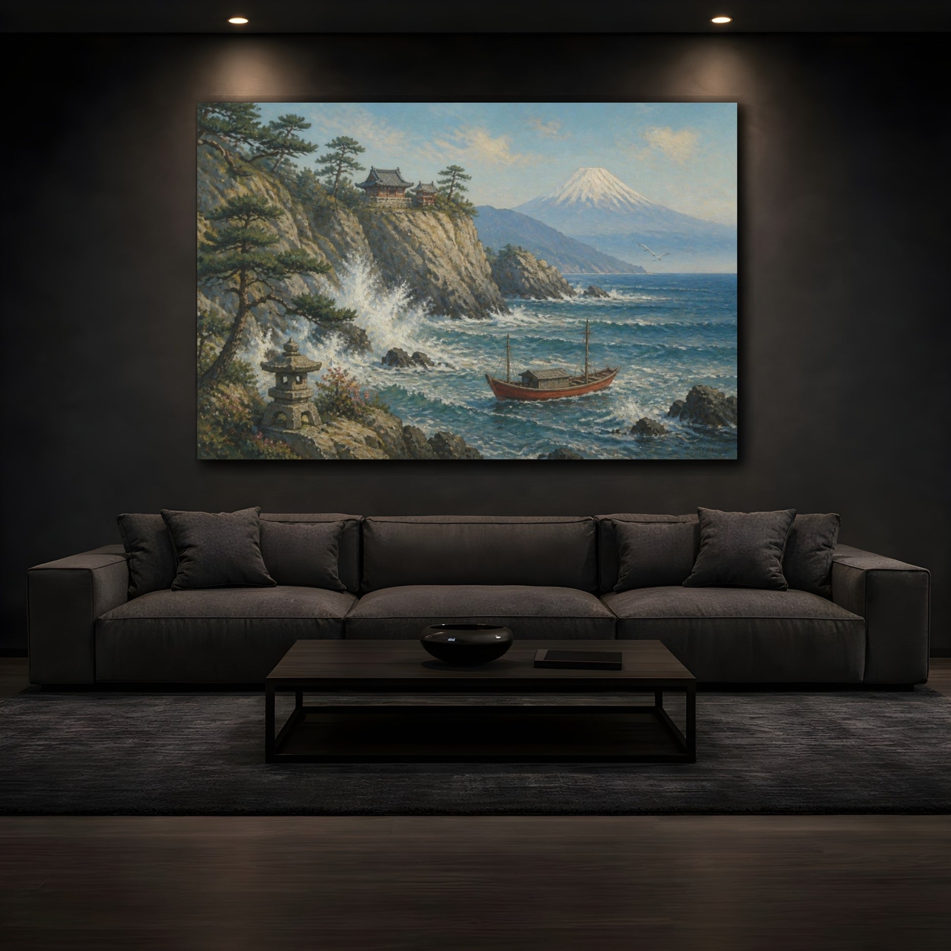 Mockup 3. Japanese Red Boat Seascape shown as canvas print