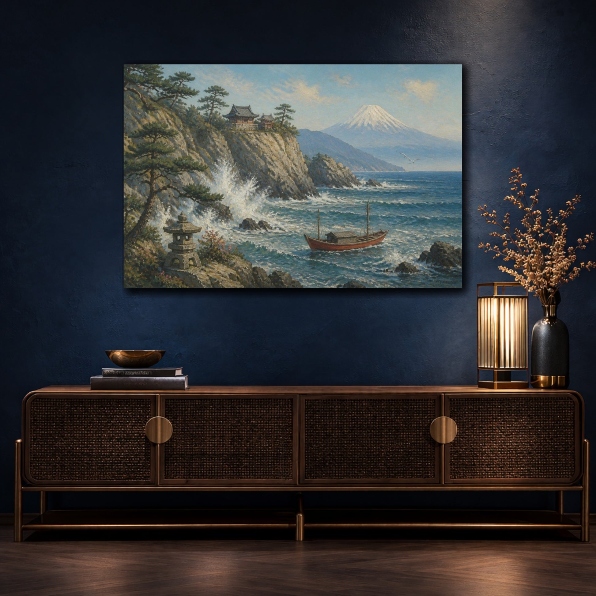 Mockup 4. Japanese Red Boat Seascape shown as canvas print