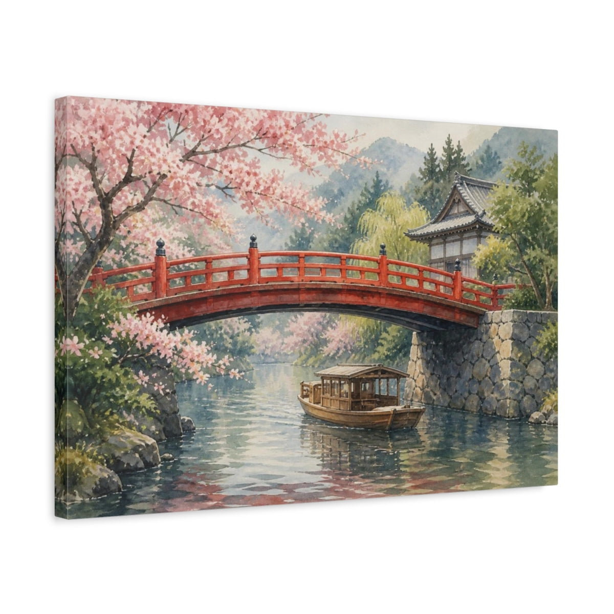 Side Mockup 3. Japanese Red Bridge In Spring shown as canvas print