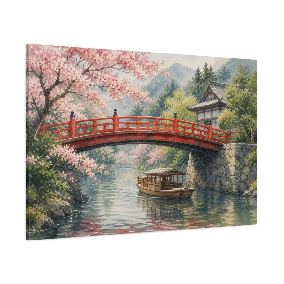 Side Mockup 1. Japanese Red Bridge In Spring shown as canvas print