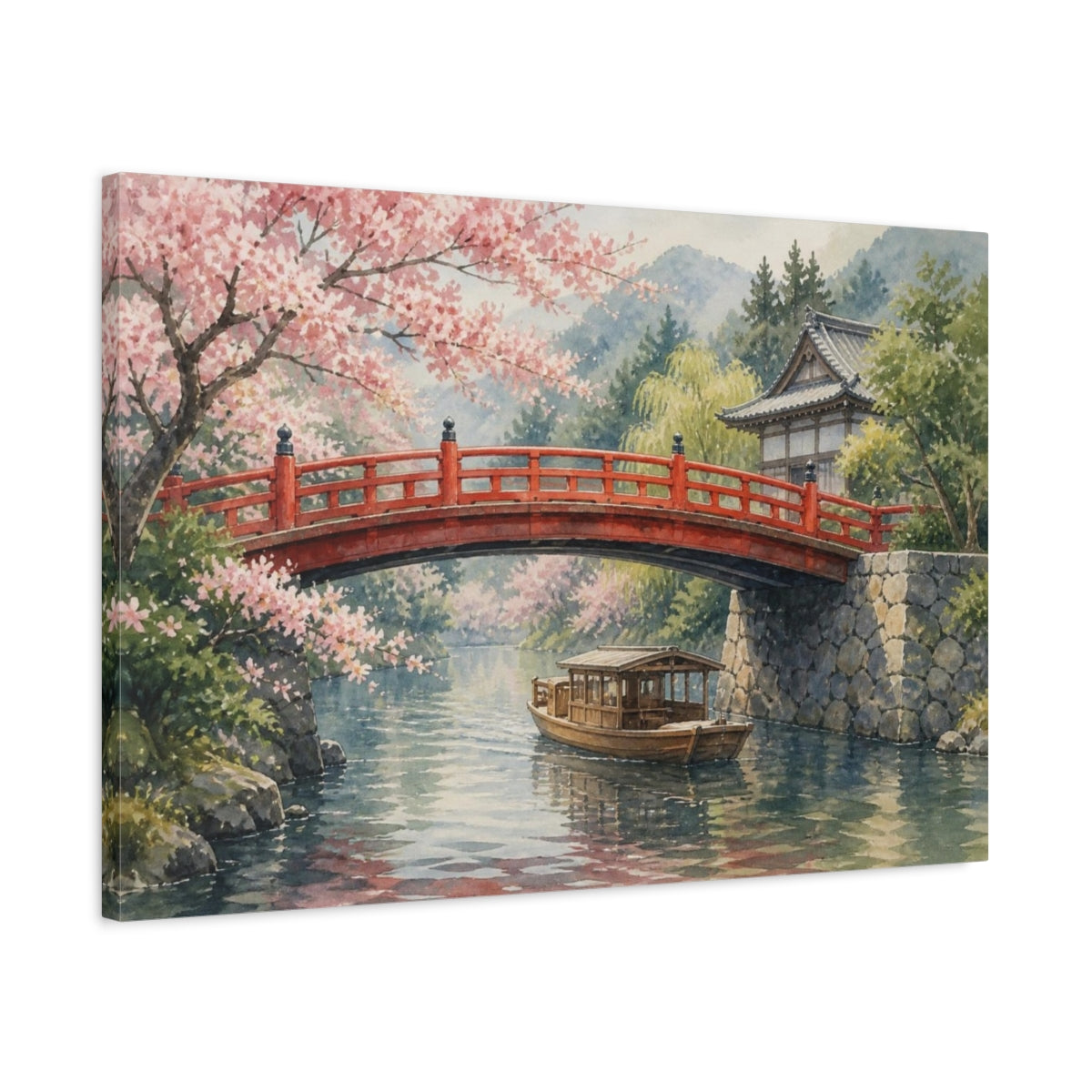 Side Mockup 2. Japanese Red Bridge In Spring shown as canvas print