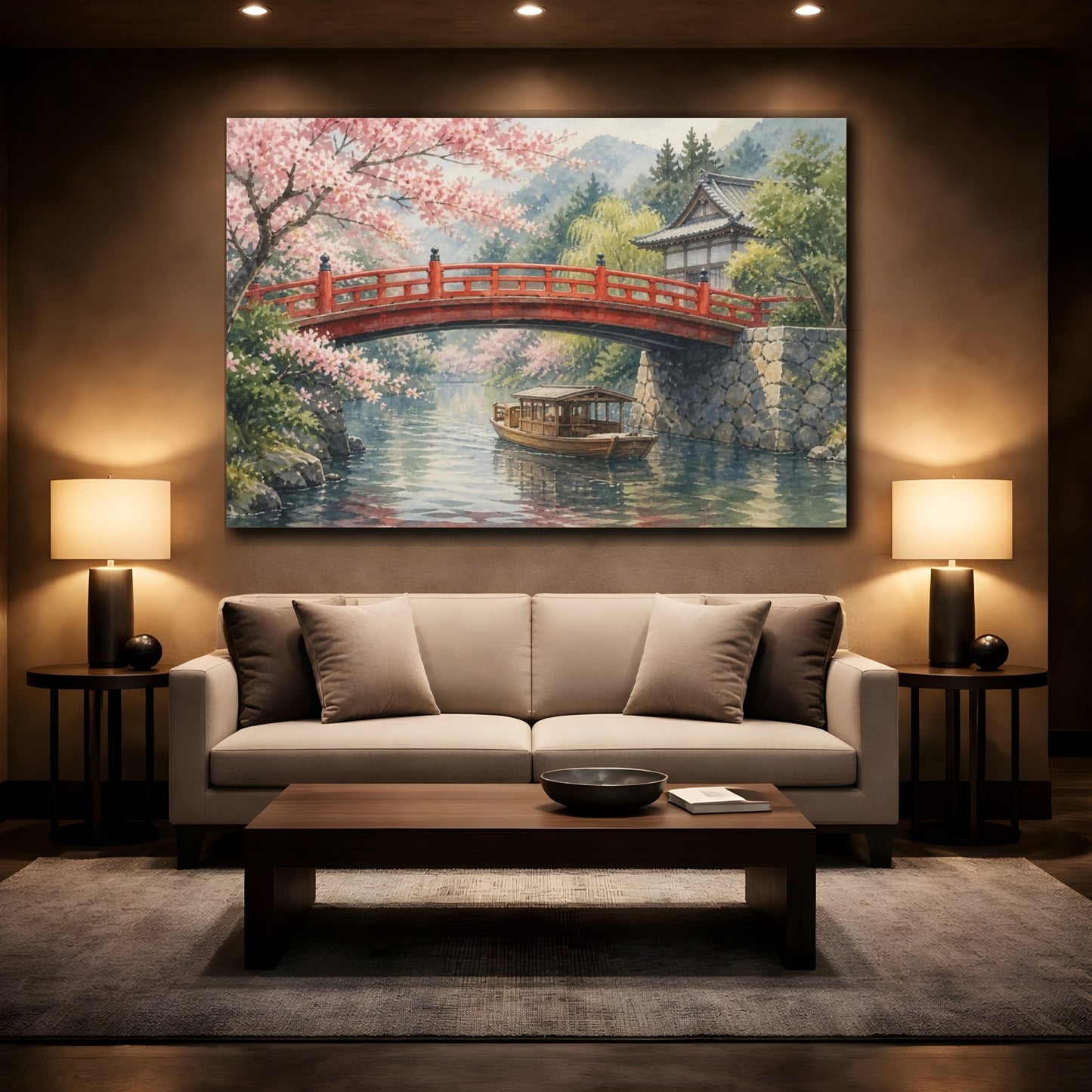 Mockup 2. Japanese Red Bridge In Spring shown as canvas print