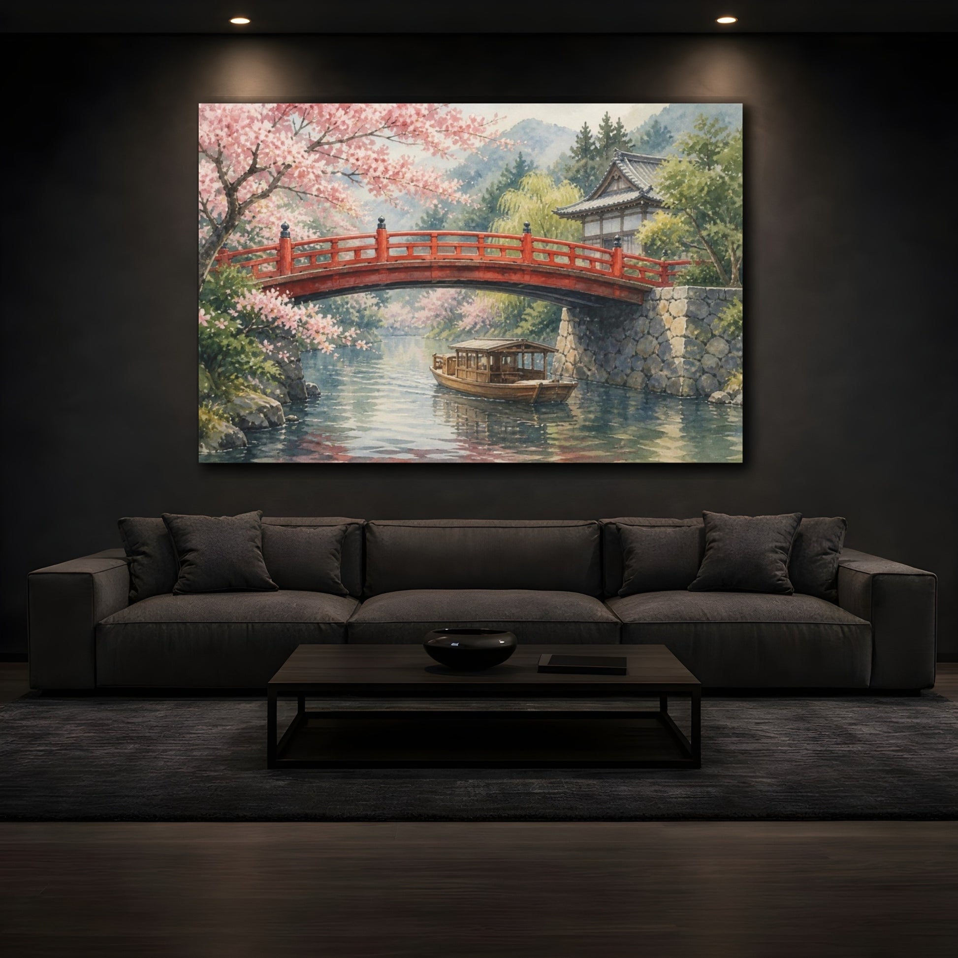 Mockup 3. Japanese Red Bridge In Spring shown as canvas print