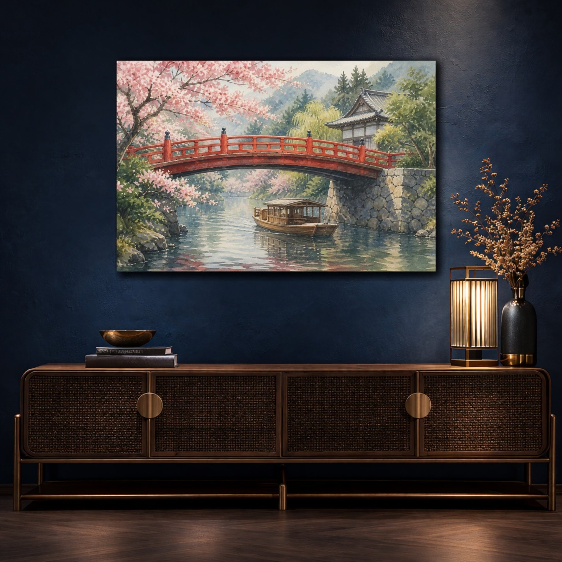 Mockup 4. Japanese Red Bridge In Spring shown as canvas print