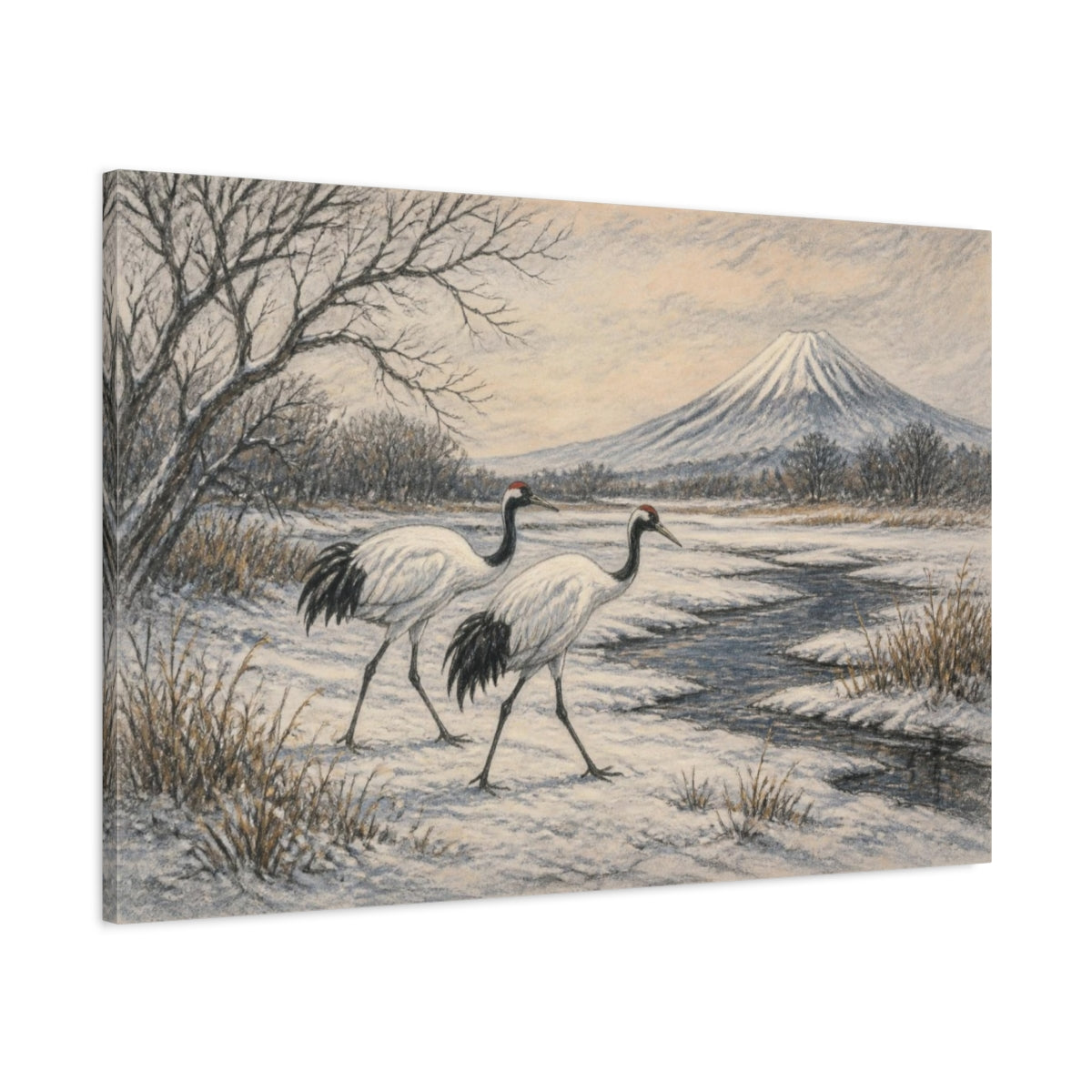 Main Mockup. Japanese Red-Crowned Cranes shown as canvas print