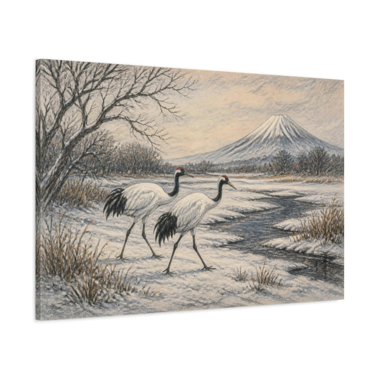 Main Mockup. Japanese Red-Crowned Cranes shown as canvas print