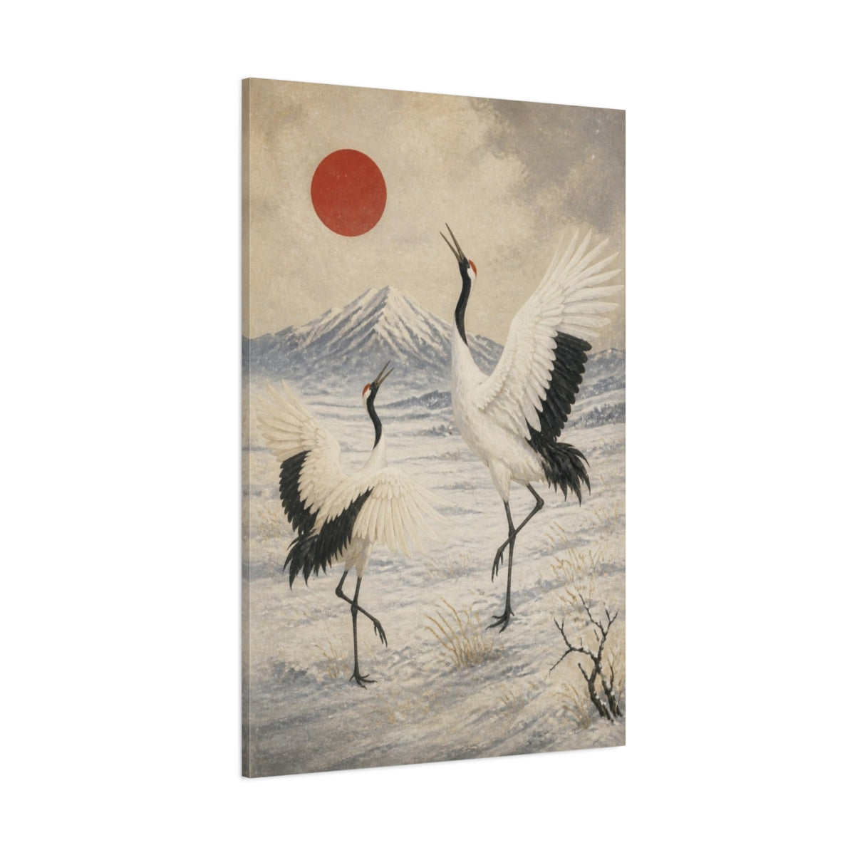 Side Mockup 1. Japanese Red-Crowned Cranes shown as canvas print