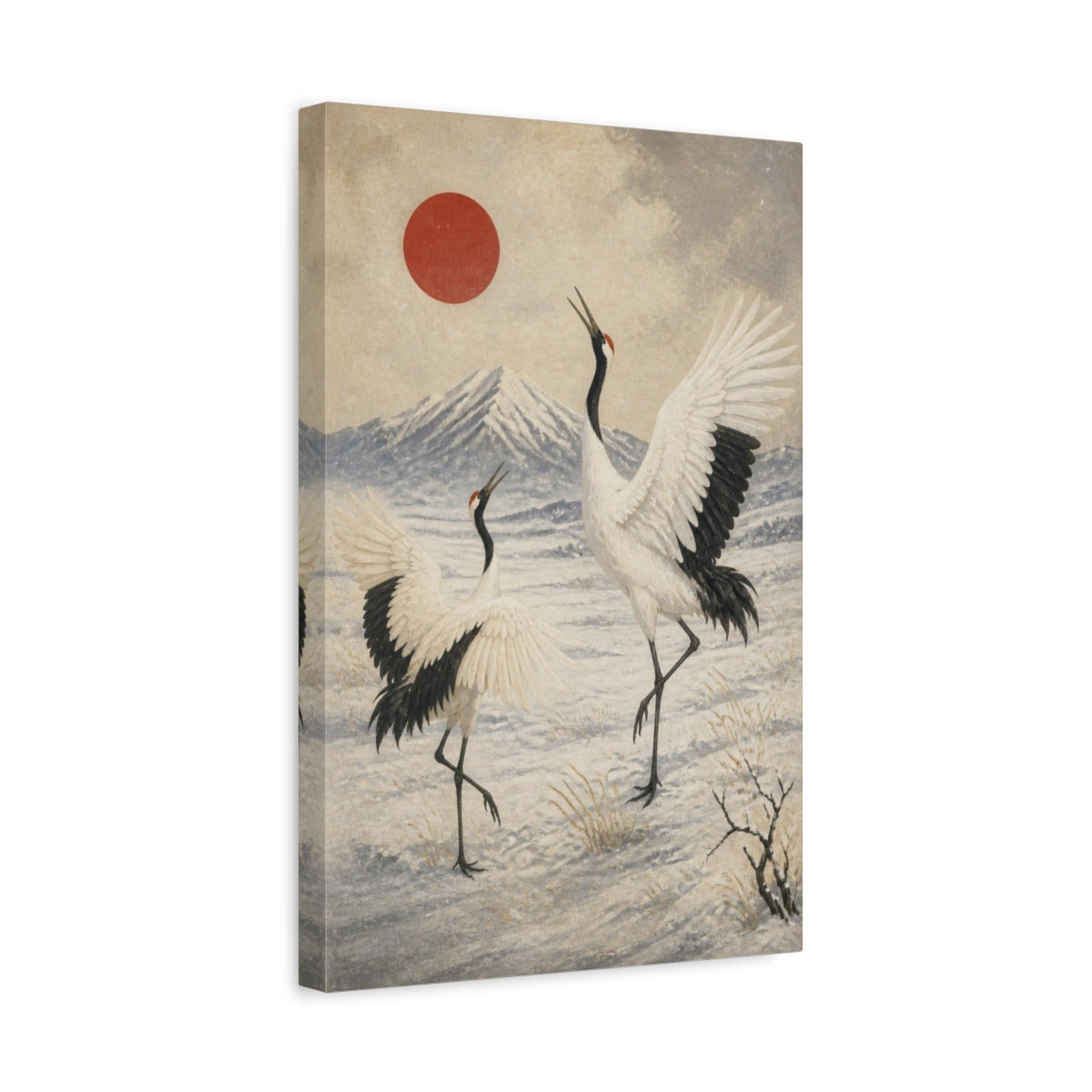 Side Mockup 4. Japanese Red-Crowned Cranes shown as canvas print