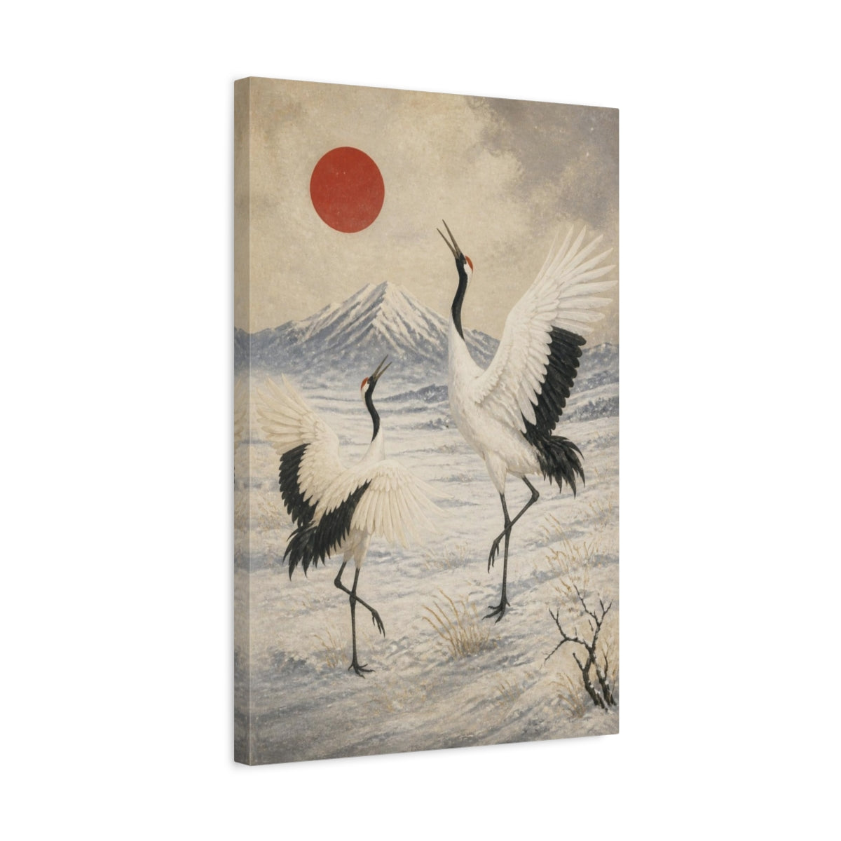 Side Mockup 3. Japanese Red-Crowned Cranes shown as canvas print