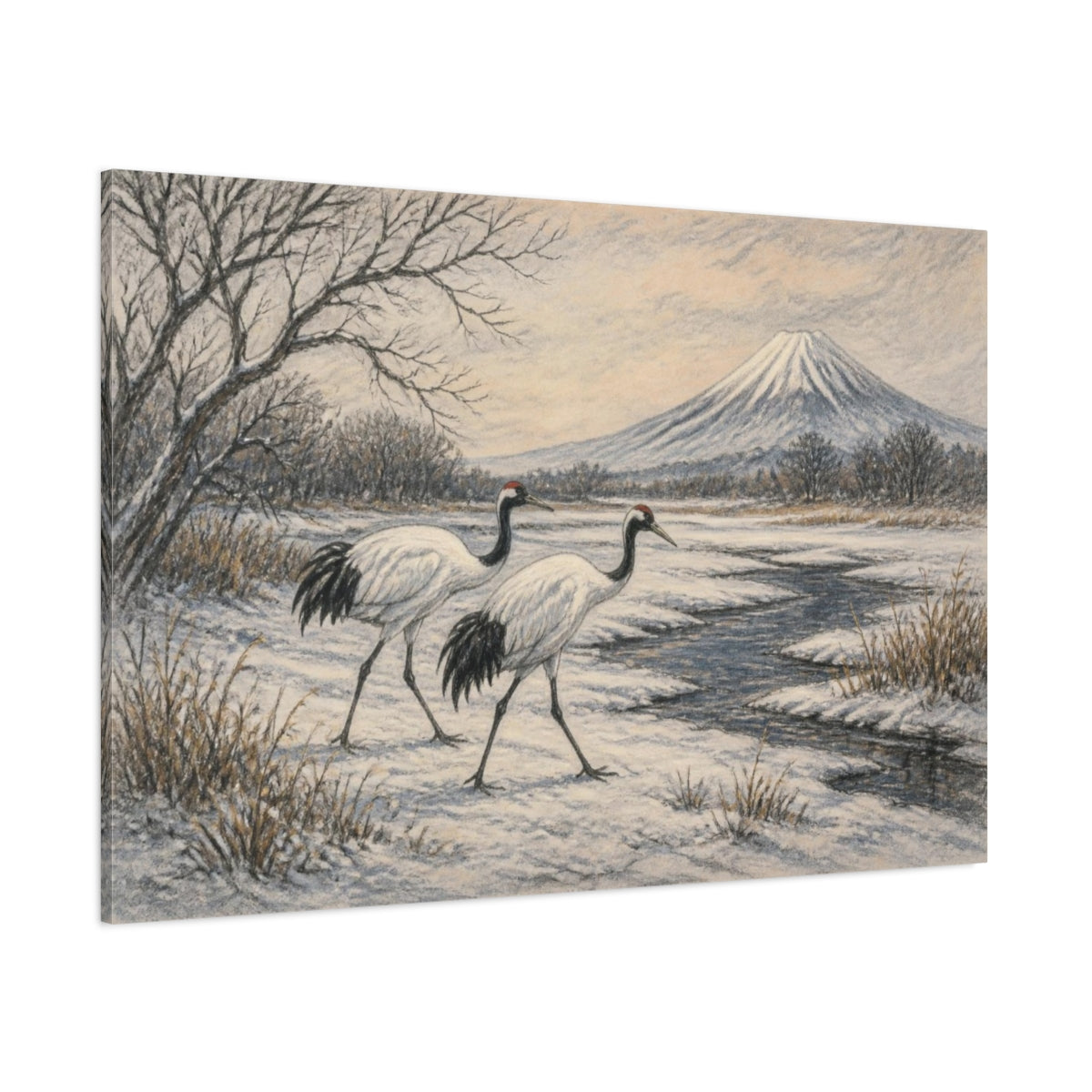 Side Mockup 1. Japanese Red-Crowned Cranes shown as canvas print