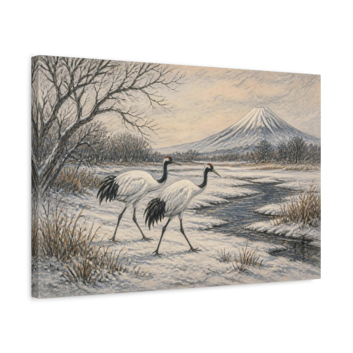 Side Mockup 3. Japanese Red-Crowned Cranes shown as canvas print