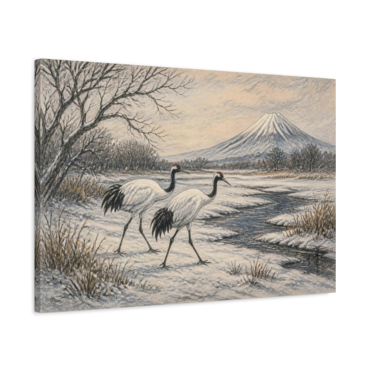Side Mockup 2. Japanese Red-Crowned Cranes shown as canvas print