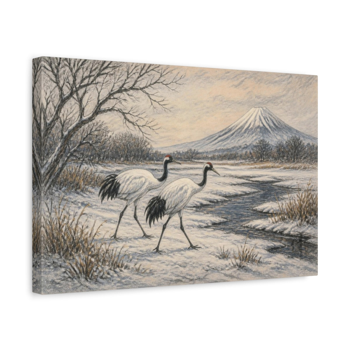 Side Mockup 4. Japanese Red-Crowned Cranes shown as canvas print