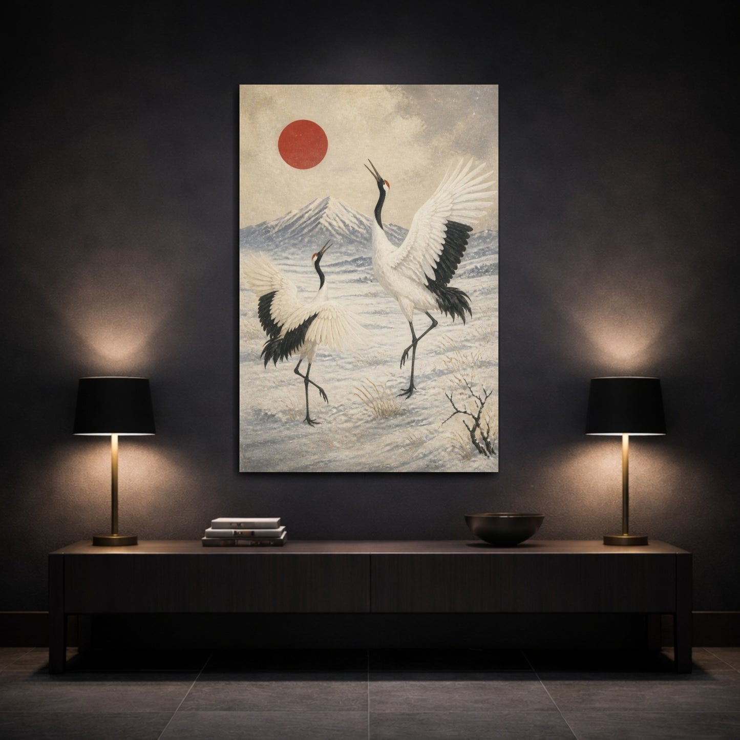 Mockup 3. Japanese Red-Crowned Cranes shown as canvas print