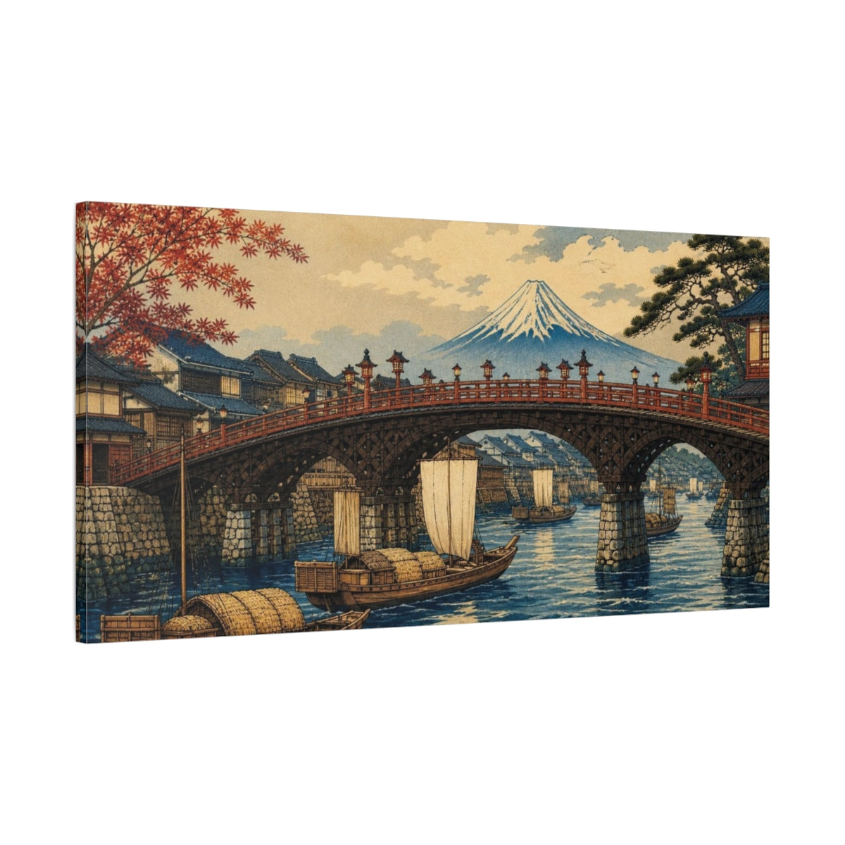 Main Mockup. Japanese Riverside Bridge shown as canvas print