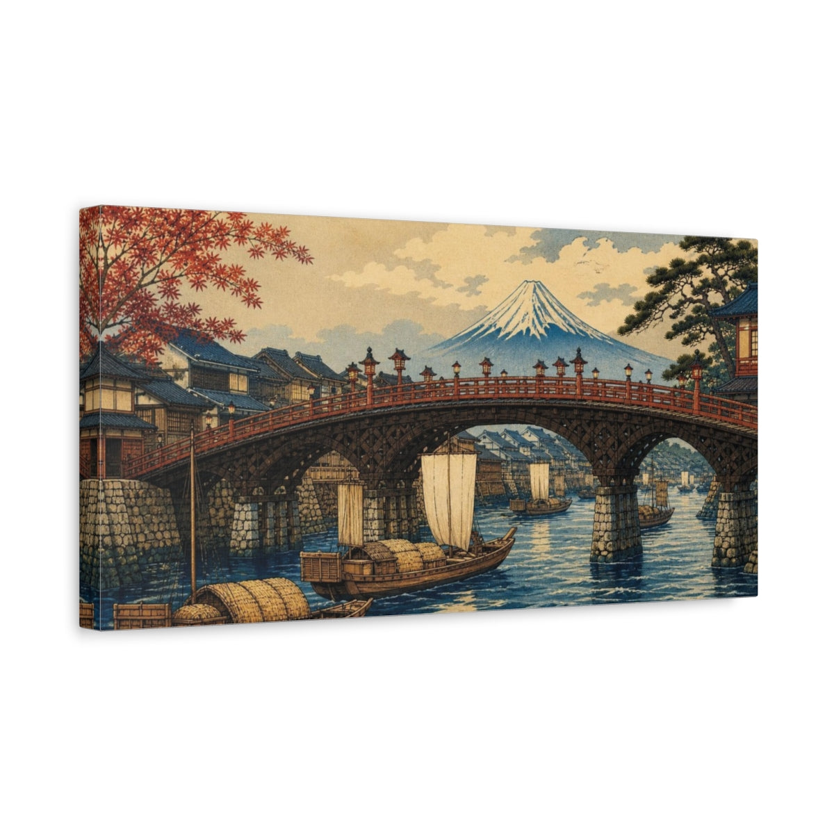 Side Mockup 3. Japanese Riverside Bridge shown as canvas print