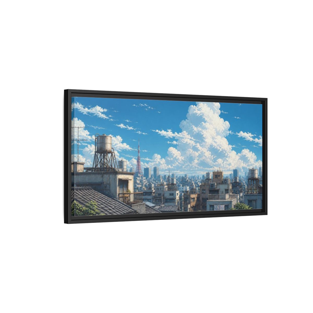 Side Mockup 2. Japanese Rooftops Summer Sky shown as framed canvas print