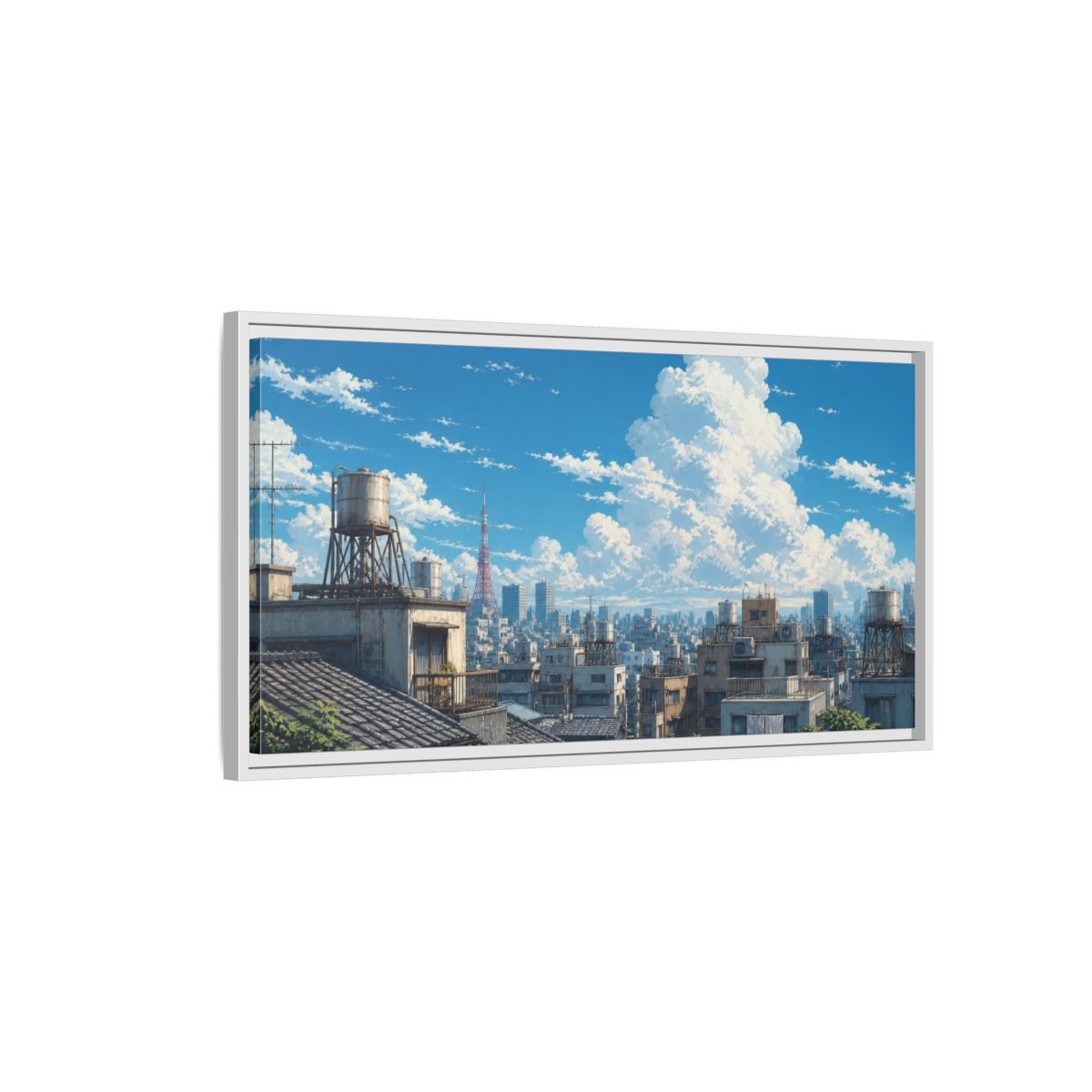Side Mockup 1. Japanese Rooftops Summer Sky shown as framed canvas print