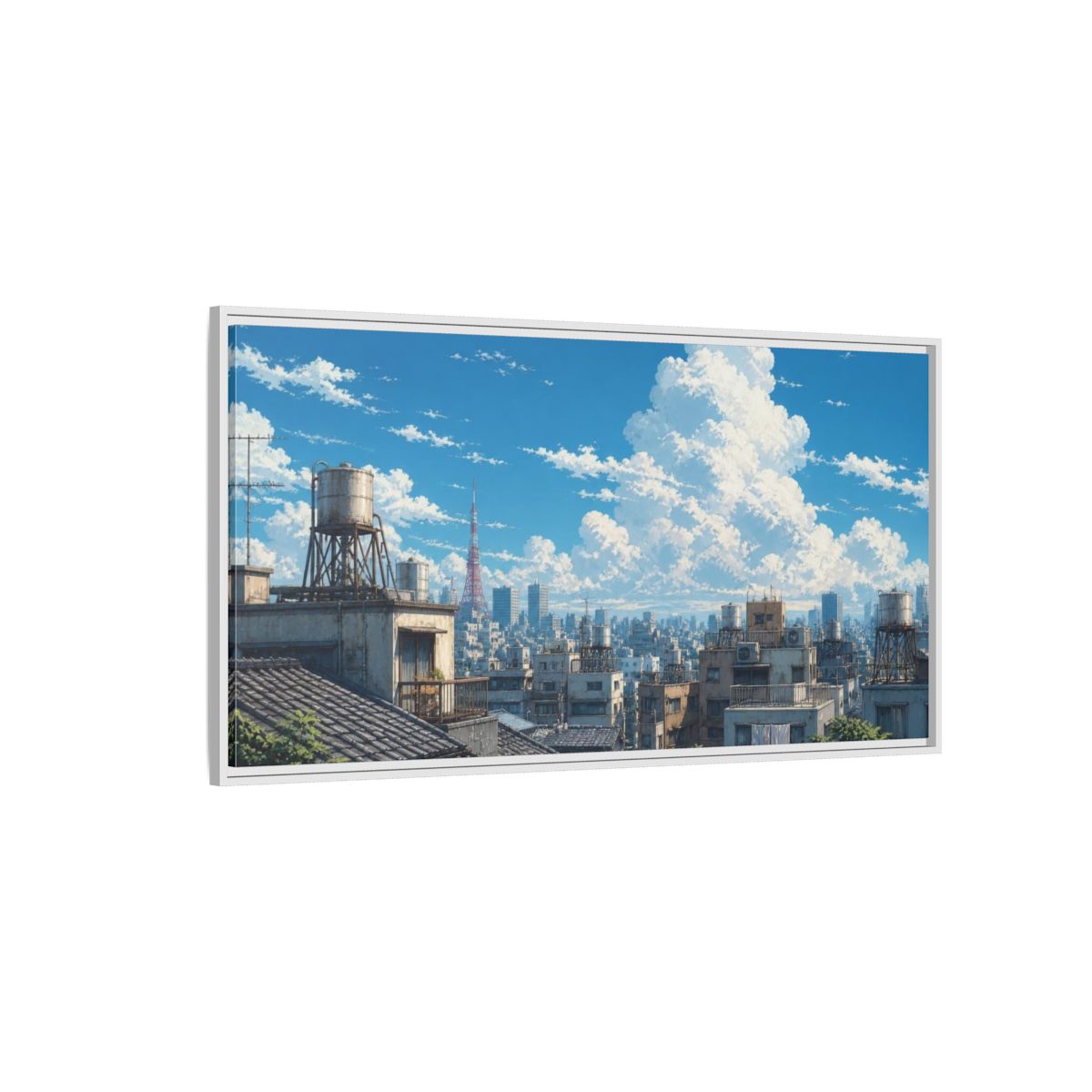 Side Mockup 3. Japanese Rooftops Summer Sky shown as framed canvas print
